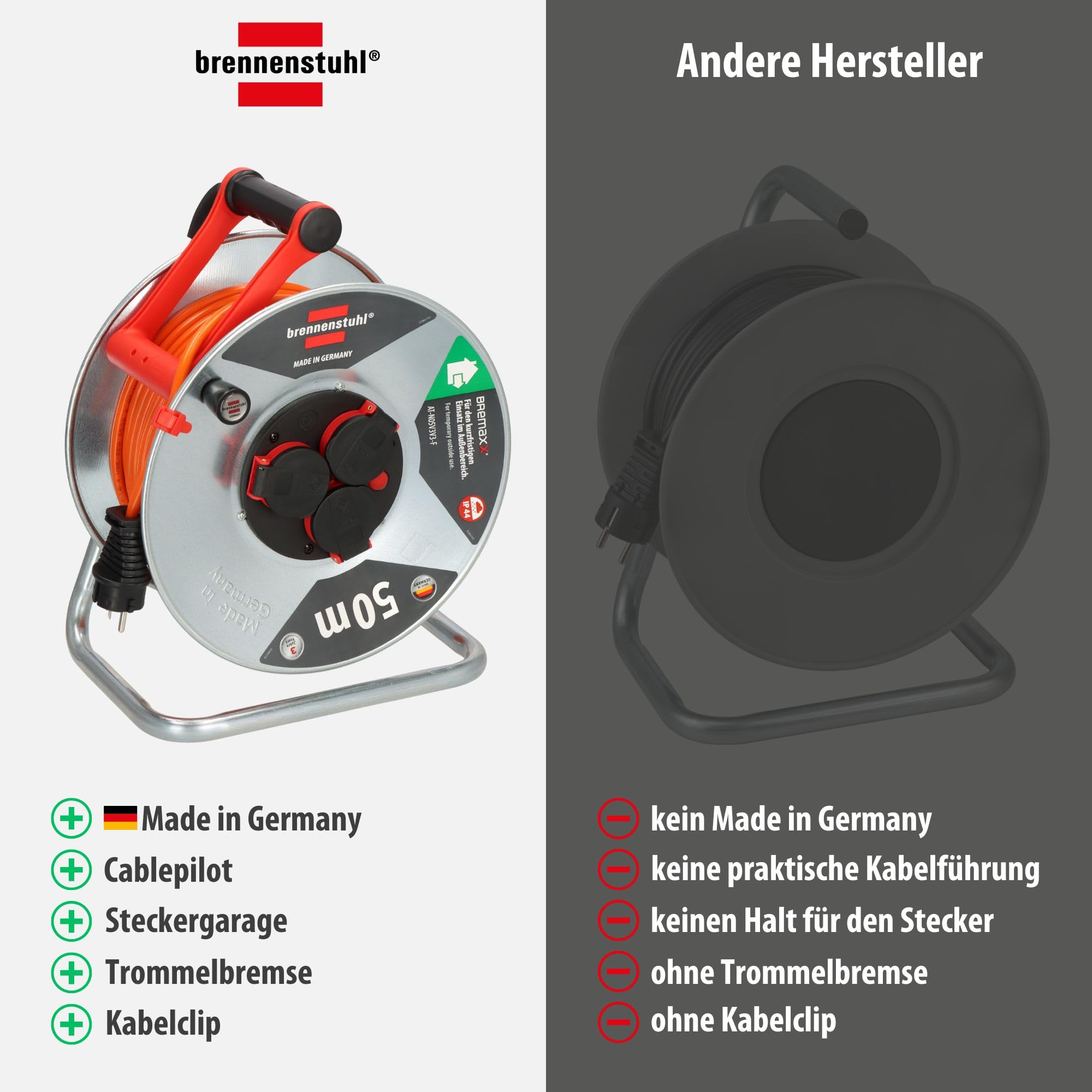 Brennenstuhl Garant S V2 IP44 Kabeltrommel 50m outdoor (Made in Germany, Kabel in Signalfarbe orange, Stahlblech, kurzfristiger Einsatz im Außenbereich)