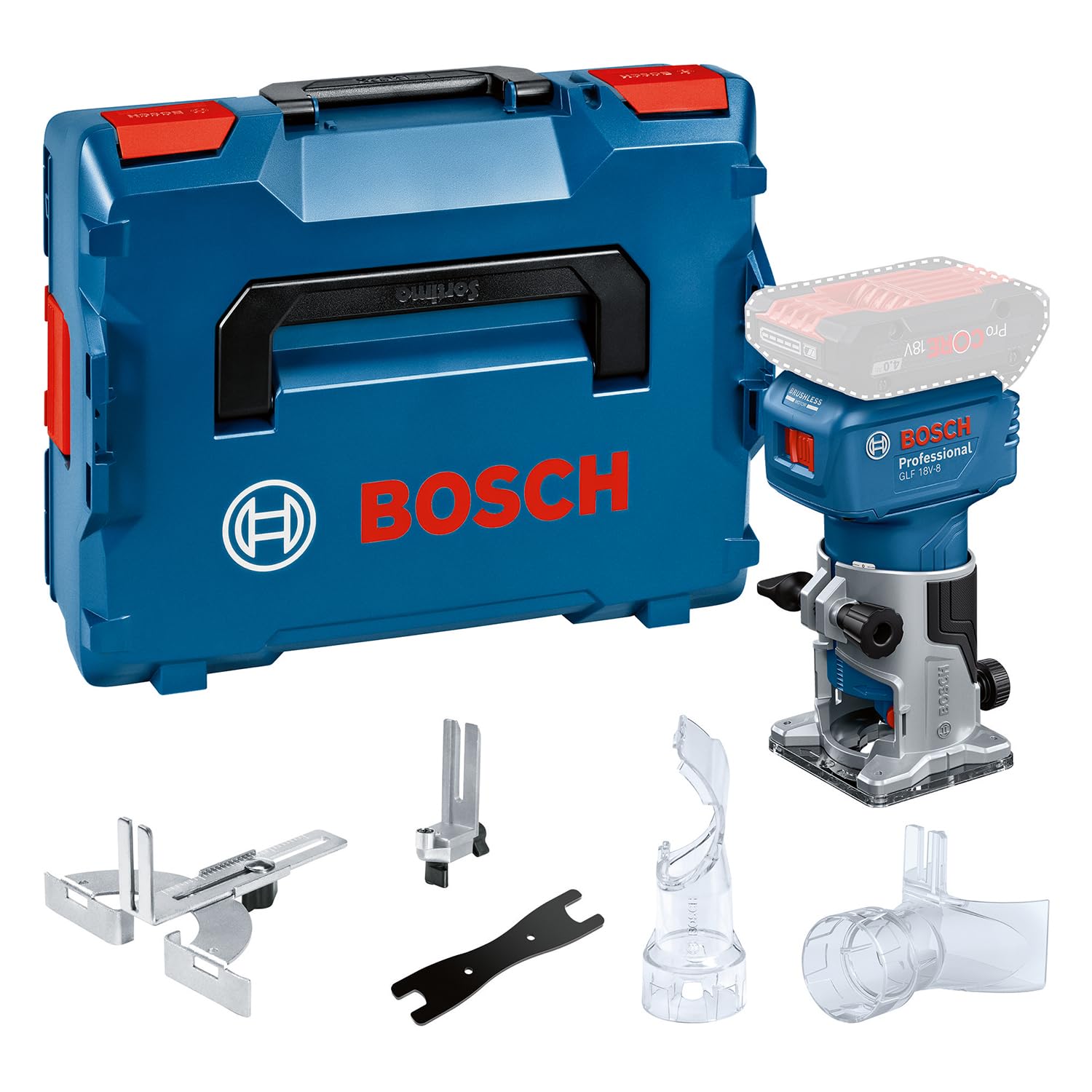 Bosch Professional 18V System Akku-Kantenfräse GLF 18V-8 (Parallelanschl., Saugadapter Oberflächenfr. & Kantenfr., Rollenführung bündiges Schneiden, 8mm-Spannz., Spannschl., L-BOXX, o. Akku/Ladeger.)