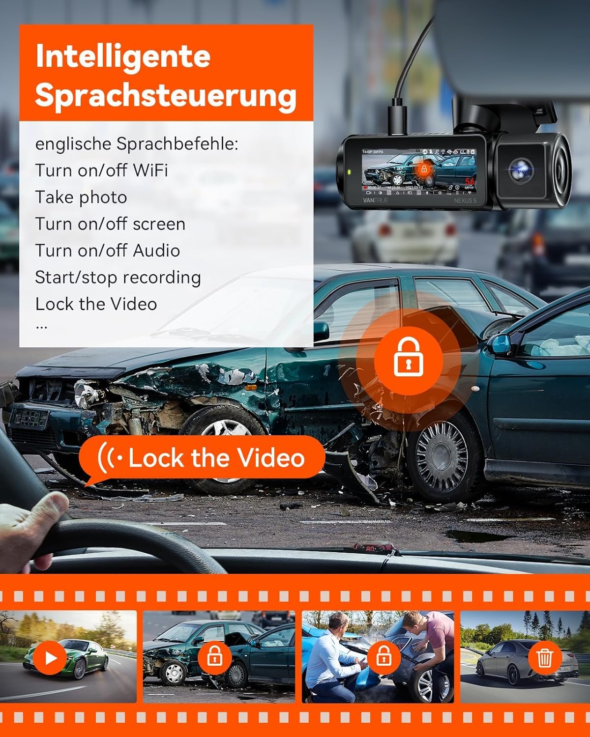 VANTRUE N5 4 Kanal 2.7K STARVIS 2 Dashcam Auto 1944P+ 3 Lens 1080P Dash Cam Vorne Innen Hinten, 5.8GHz WiFi, IMX675 HDR Nachtsicht Dash Camera Auto 24H Parkmodus, Sprachbefehle, Max 1TB
