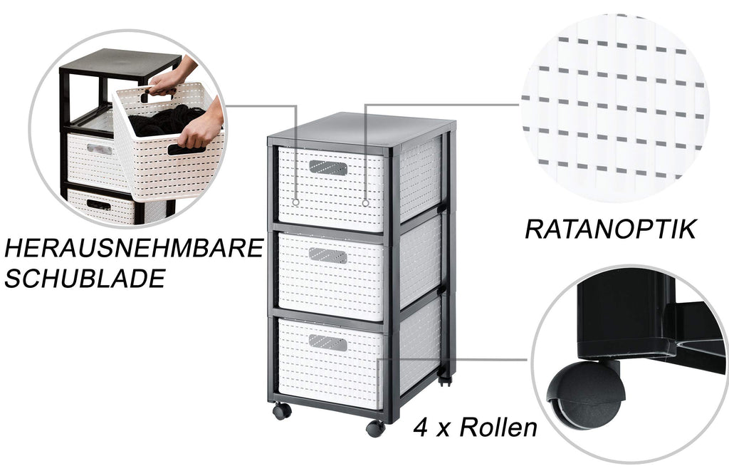 Rotho Country Rollcontainer mit 3 Schubladen in Rattan-Optik, Kunststoff (PP) BPA-frei, weiss, 3 x A4/18l (37.5 x 32.5 x 71.2 cm)