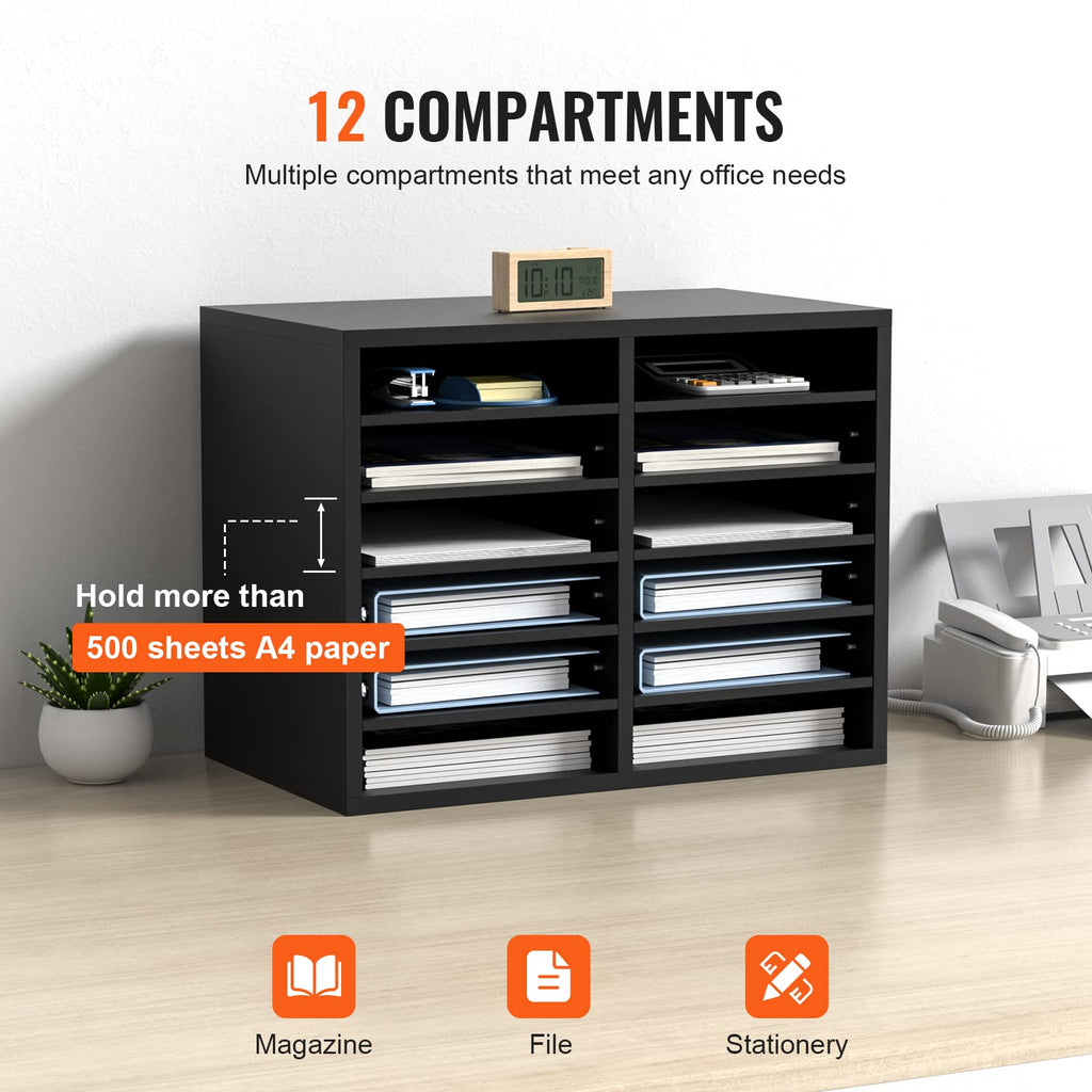 VEVOR Briefablage Schreibtisch Organizer 520 x 305 x 410 mm, 2,3–5,6 cm Einstellbar A4 Stapelbar Quer, Papierablage, Aufbewahrung Schreibtisch Ablagesystem Organisation, Ablage (Schwarz, 2 x 6 Fächer)