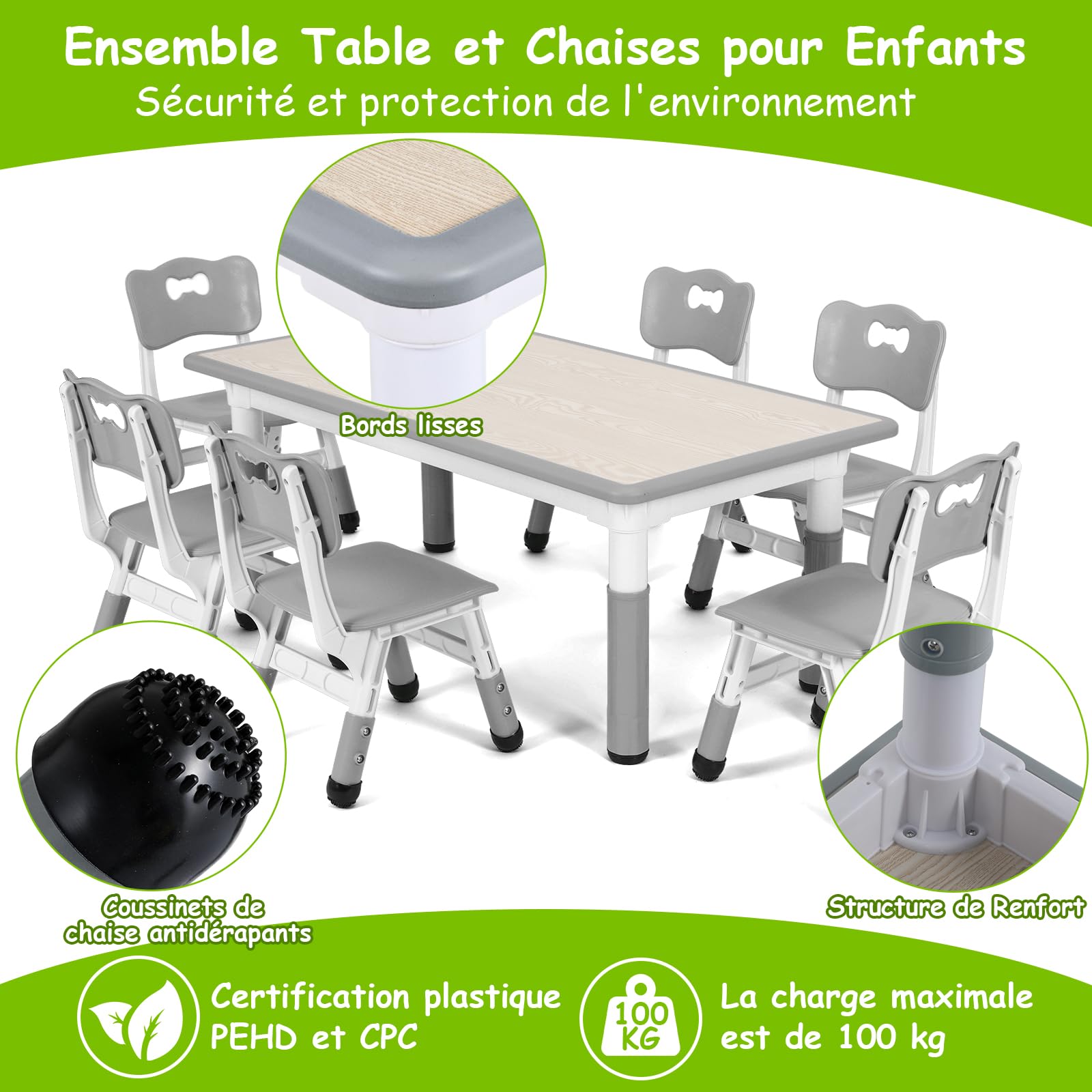 MAMIZO Kindertisch Packung mit 6 Stühlen, Kindertischgruppe Höhenverstellbar, Kinder Tisch Stuhl Set für Kindergarten und Kinderzimmer, Plastik Kindermöbel, Sitzgruppe Jungen Mädchen ab 2 Jahre, Grau