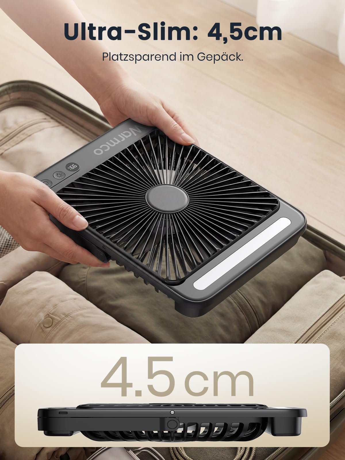 Warmco 20000mAh Akku Camping Ventilator 27cm mit Lampe, 15-48 Std. Laufzeit, Ultra-Leise, Ultraflach, Display, Haken, USB Tischventilator für Zelt, Outdoor, Reisen, Büro, Wohnmobil, Schlafzimmer