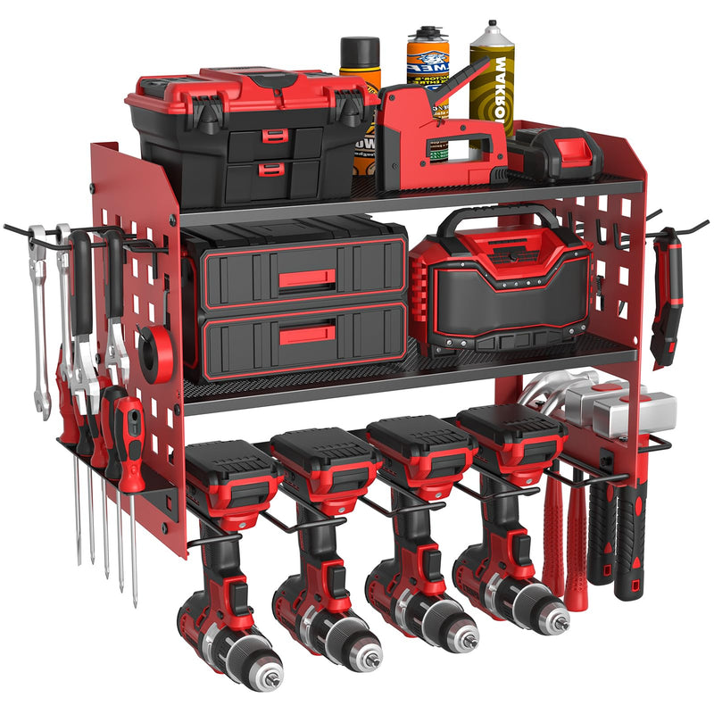 Yeabett 3 Ebenen Werkzeug Wandhalterung, Werkzeugspeicher Aufbewahrung für 4 Elektrowerkzeug, Werkzeug Wandhalterung für Garage, Werkstatt, 42.5 * 20 * 31cm (Rot)