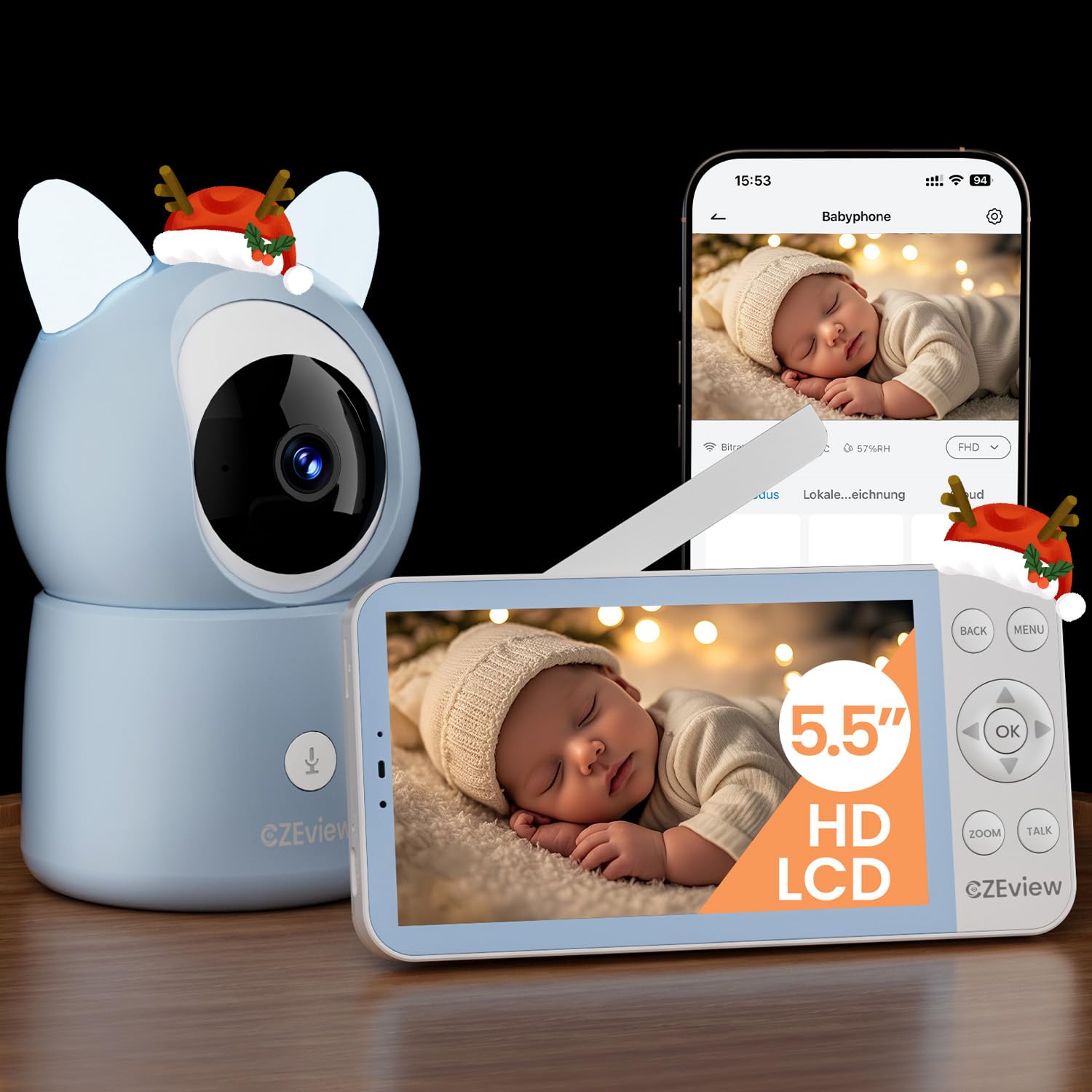 CZEview BM6 Babyphone mit Kamera 2K & 4X Zoom, 5.5" HD WLAN Video Babyfon mit App, Nachtsicht, Bewegungs&Geräusch&Temperaturerkennung, 2-Wege-Gespräch, 360° Ansicht, Musik&Buntes Nachtlicht(Blau)