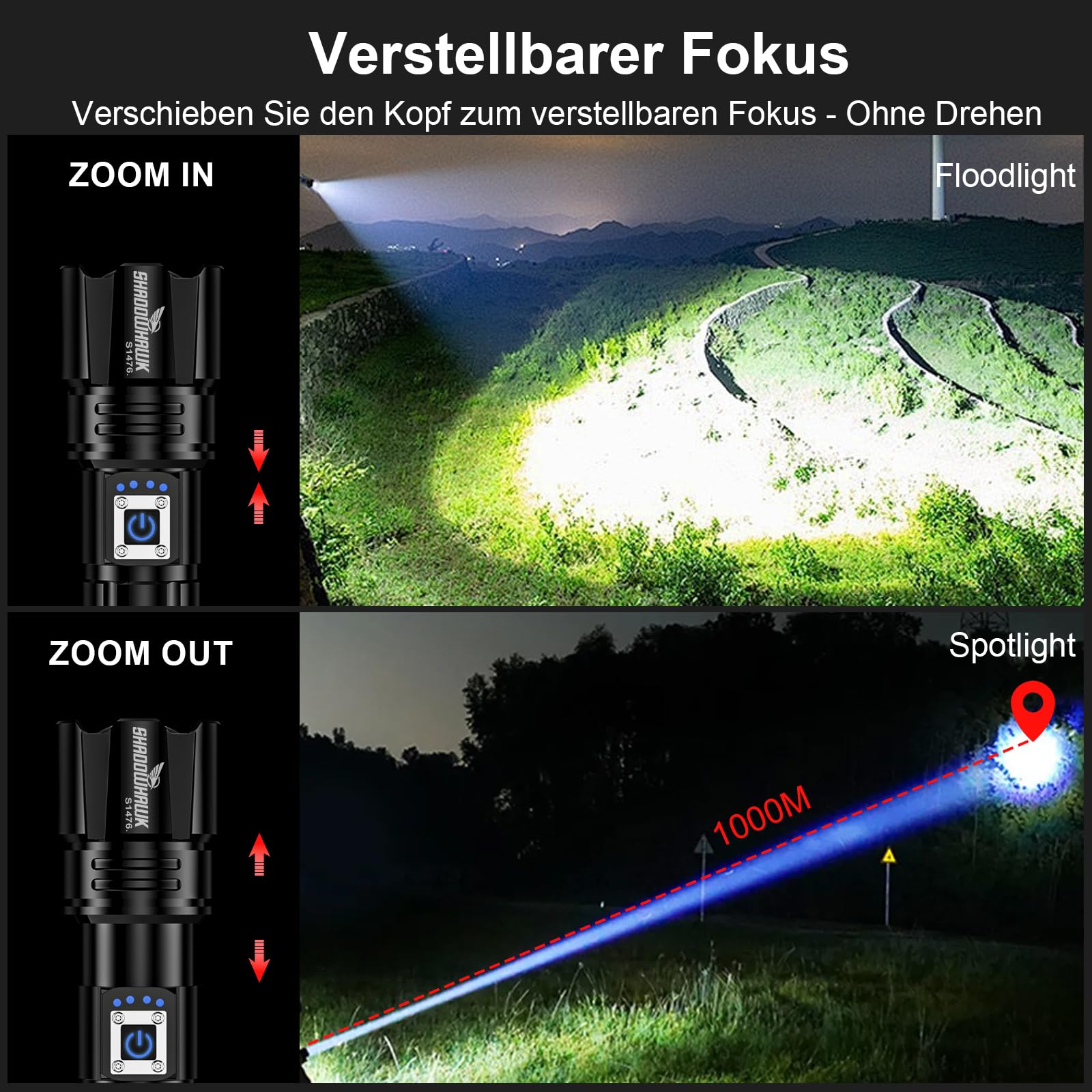 Shadowhawk Taschenlampe Led 500000 Lumen, Extrem Hell Taschenlampe USB Aufladbar Taktische Taschenlampen Mit holster XHP70.2, IP67 Wasserdicht 5 Lichtmodi für Camping Wandern Notfälle