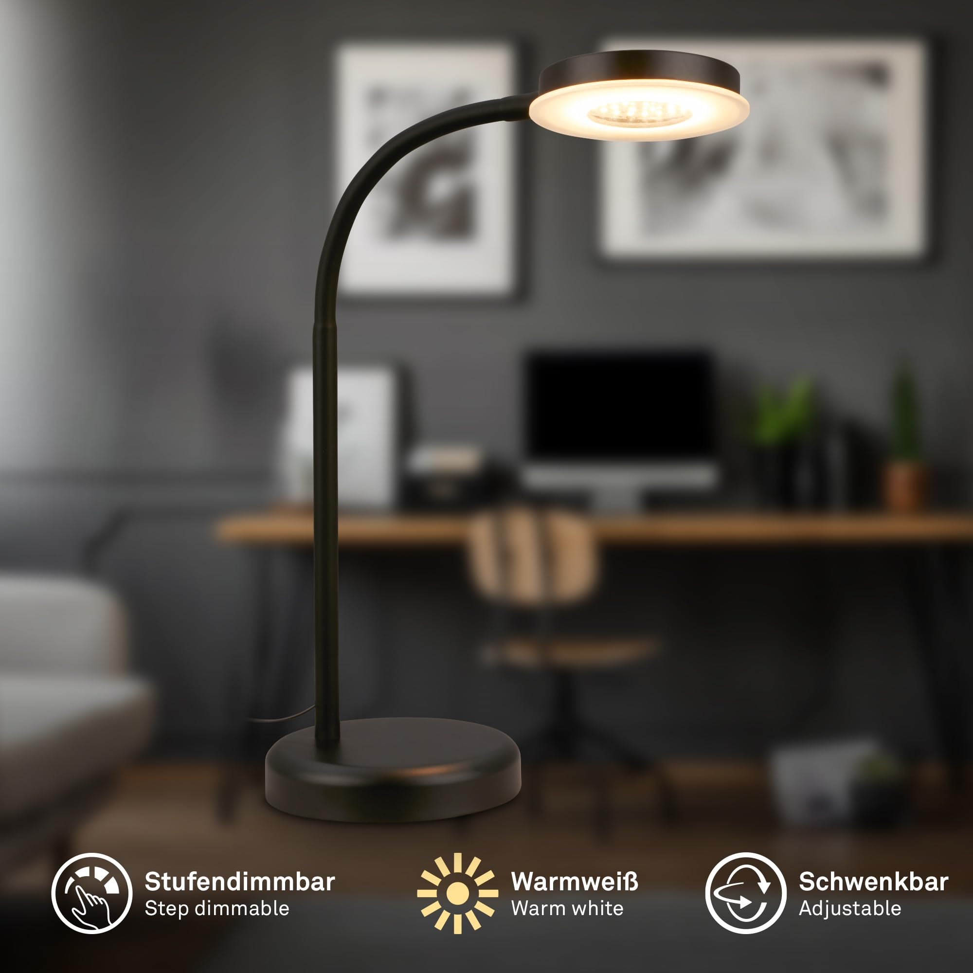 BRILONER - LED Schreibtischlampe mit Touch, dimmbar in Stufen, schwenkbar, Tischlampe, Lampe, Nachttischlampe, Tischleuchte, Home Office, Bürolampe, Leselicht, 32,5x13x40 cm, Schwarz