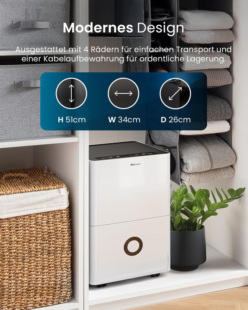 Pro Breeze Luftentfeuchter 30L in 24h Entfeuchtungsleistung - Elektrischer Luftentfeuchter mit WLAN & App - Feuchtigkeitssensor, 4L Wassertank, Timer, Ablaufschlauch - Gegen Feuchtigkeit, Schimmel