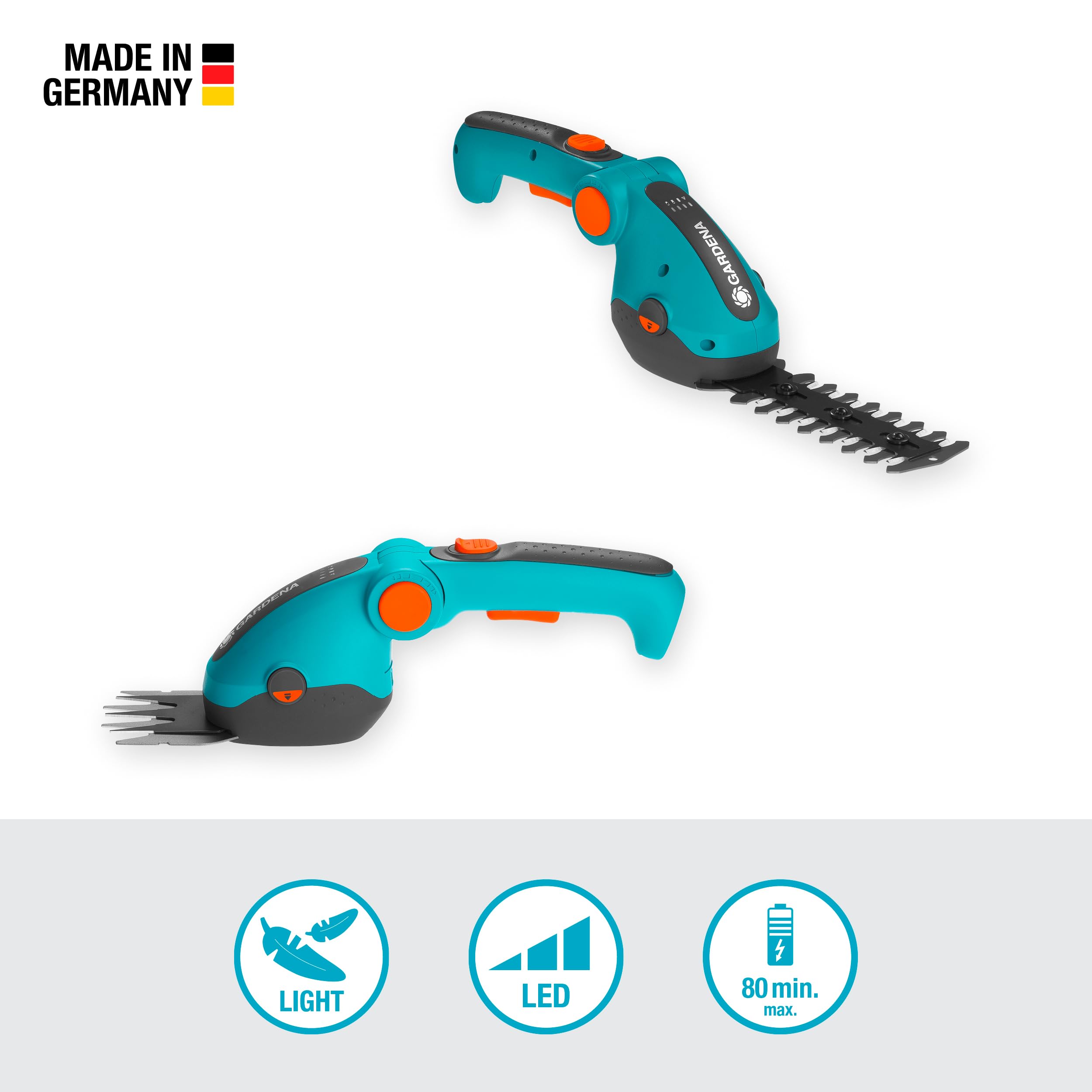 Gardena Set Akku-Gras- und Strauchschere ComfortCut Li: Rasenkantenschere und Strauchschneider, abwinkelbarer Komforthandgriff mit LED-Anzeige, Messerwechsel ohne Werkzeug (9888-20)