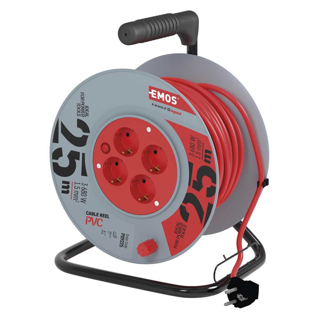 EMOS - Kabeltrommel 25m - 4 Schuko-Steckdosen - 230 V, 16 A, 3680 W - hochwertige PVC-Isolierung - H05VV-F3G 1,5 mm2 - Überhitzungsschutz - IP20 für Innen