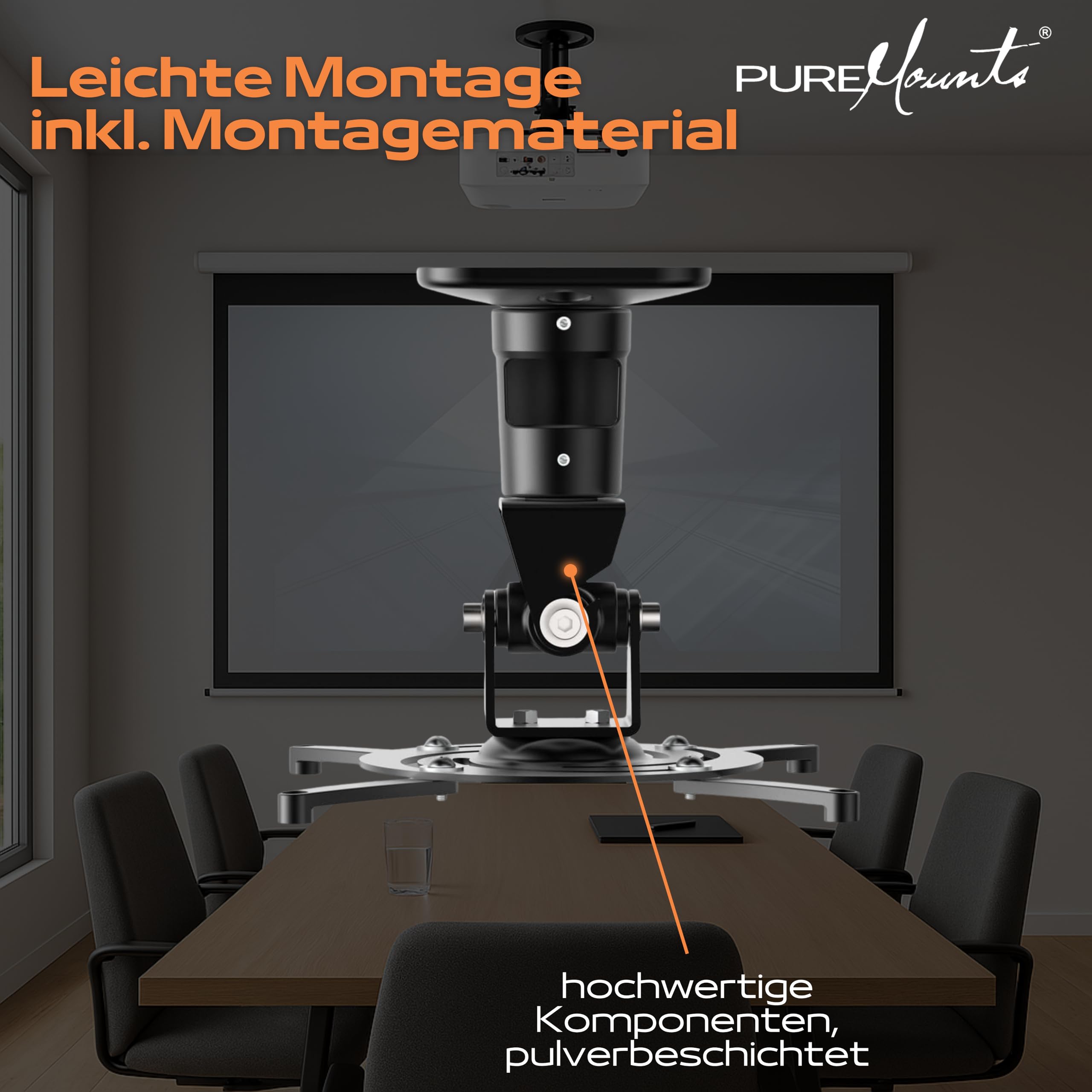 PureMounts Beamer Deckenhalterung Spider-Plus-B - 25 grad neigbar und 360 grad drehbar, 220mm Deckenabstand,(15kg), Lochabstand 180-310mm, schwarz