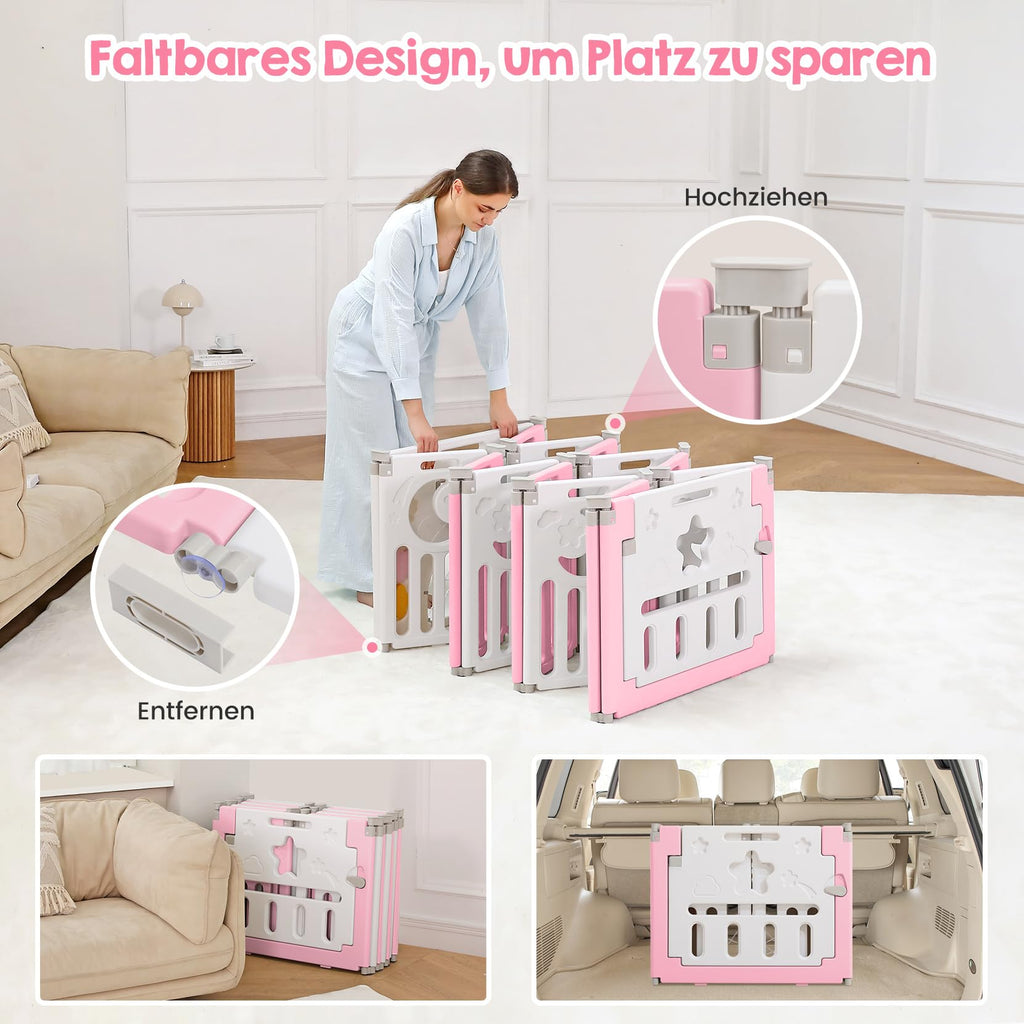 Dripex Laufstall Baby faltbar 150x150x62cm (14 Paneele) mit Spielboard, Laufgitter Baby, Kinderlaufstall & Babyzaun aus strapazierfähigem Plastik, Playpen für Innen & Außen, Rosa