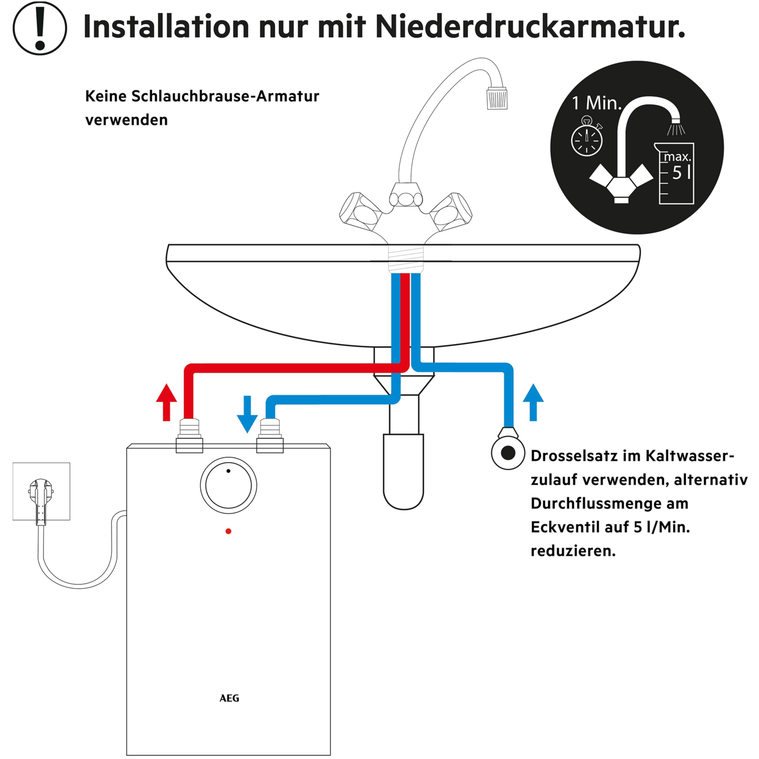 AEG druckloser Kleinspeicher Huz 5 Comfort mit ThermoStop-Technologie mit Stecker, 5l, untertisch, stufenlose Temperaturwahl von ca. 35-85 °C, 2kW, 222164