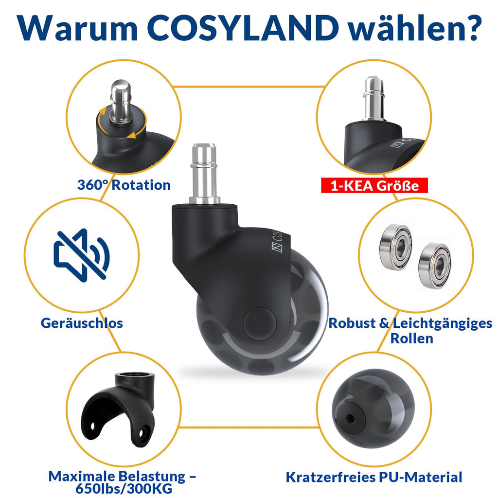 COSYLAND Bürostuhl Rollen 5er-Set 10x22 mm, Gummi Ersatzrollen für Bürostühle, leise Stuhlrollen für Parkett, Teppich & Hartboden (Nur für 1-KEA geeignet)