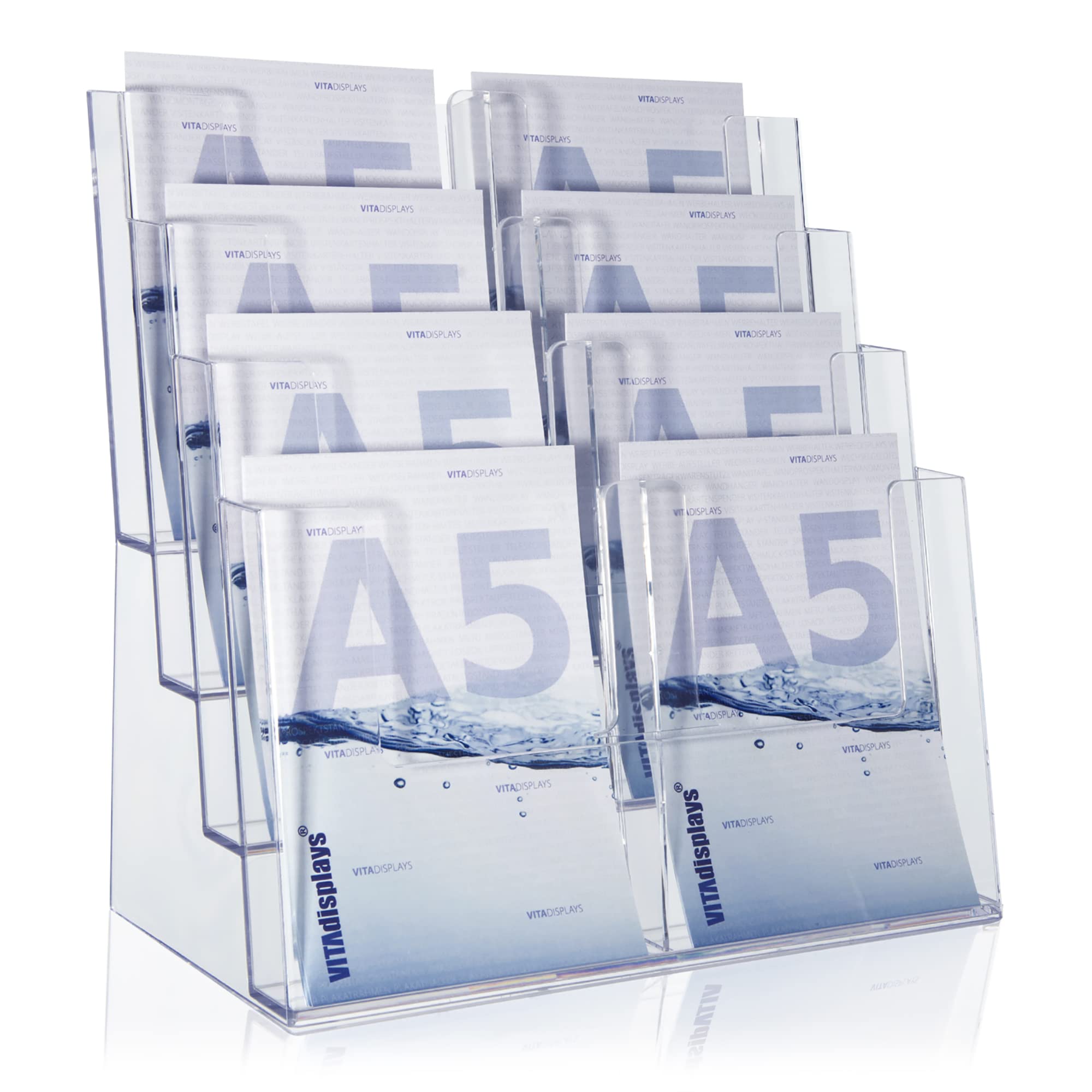 Taymar Prospektständer Tribüne für DIN A4, A5, DIN lang, DL, A6 Flyer, flexibler, transparenter Tischprospektständer als standfester Aufsteller, Flyerständer mit 4 Etagen, optional als Wand-Prospekthalter