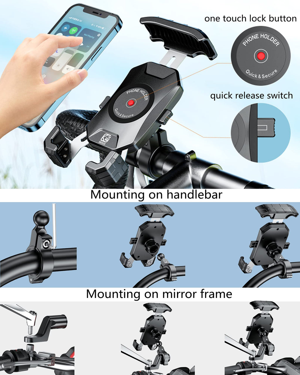 BRCOVAN Handyhalterung Motorrad, Handyhalter Fahrrad, Knopf-Automatikverriegelung 360 Drehung Outdoor Lenker Handy Halterung für 4-7 Zoll Smartphone