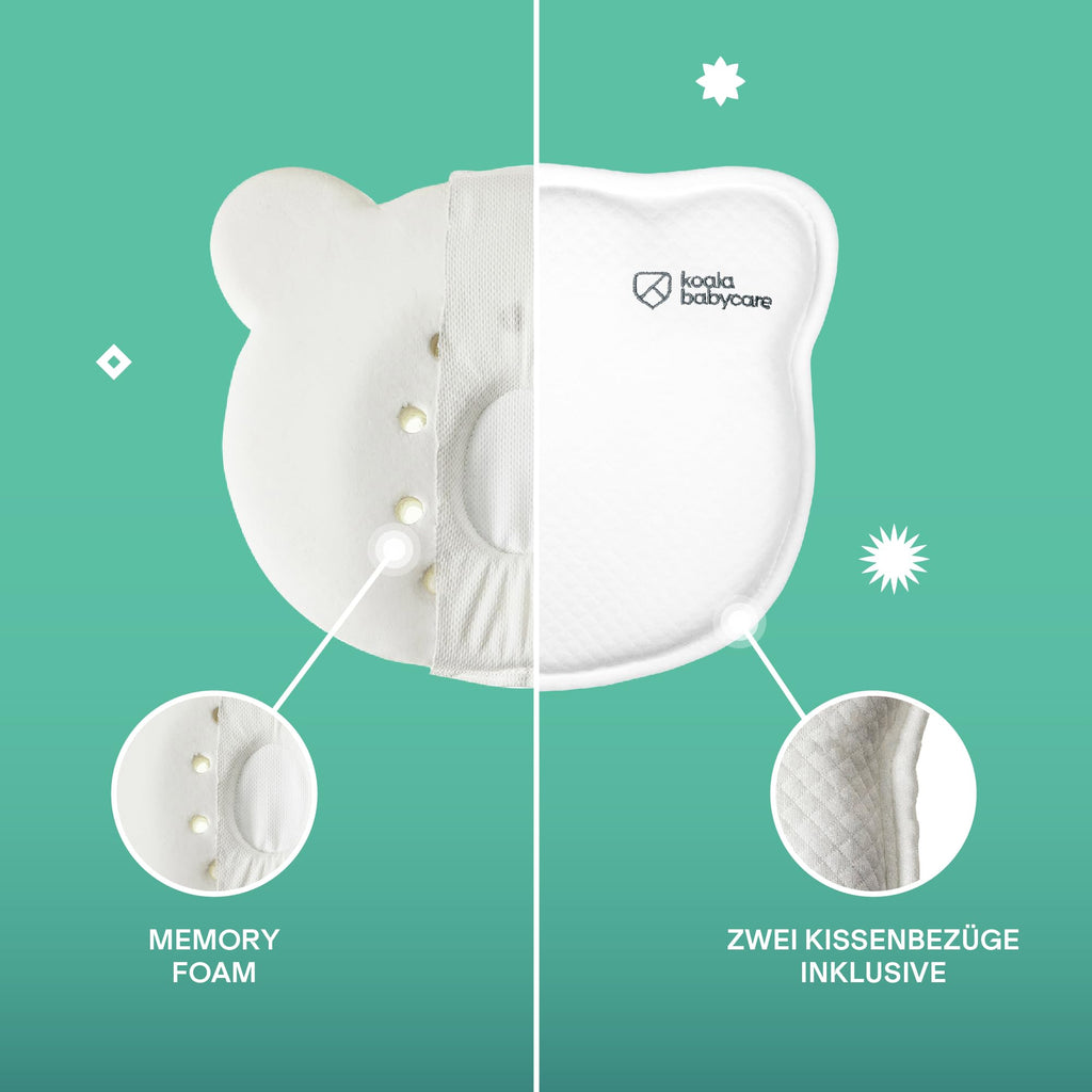 KOALA BABYCARE Babykissen Plagiozephalie, abnehmbar (mit Zwei Kissenbezügen), hilft EIN Plattkopfsyndrom vorzubeugen und zu behandeln. Aus Memory Foam - Weiß - Registriertes Design KBC®