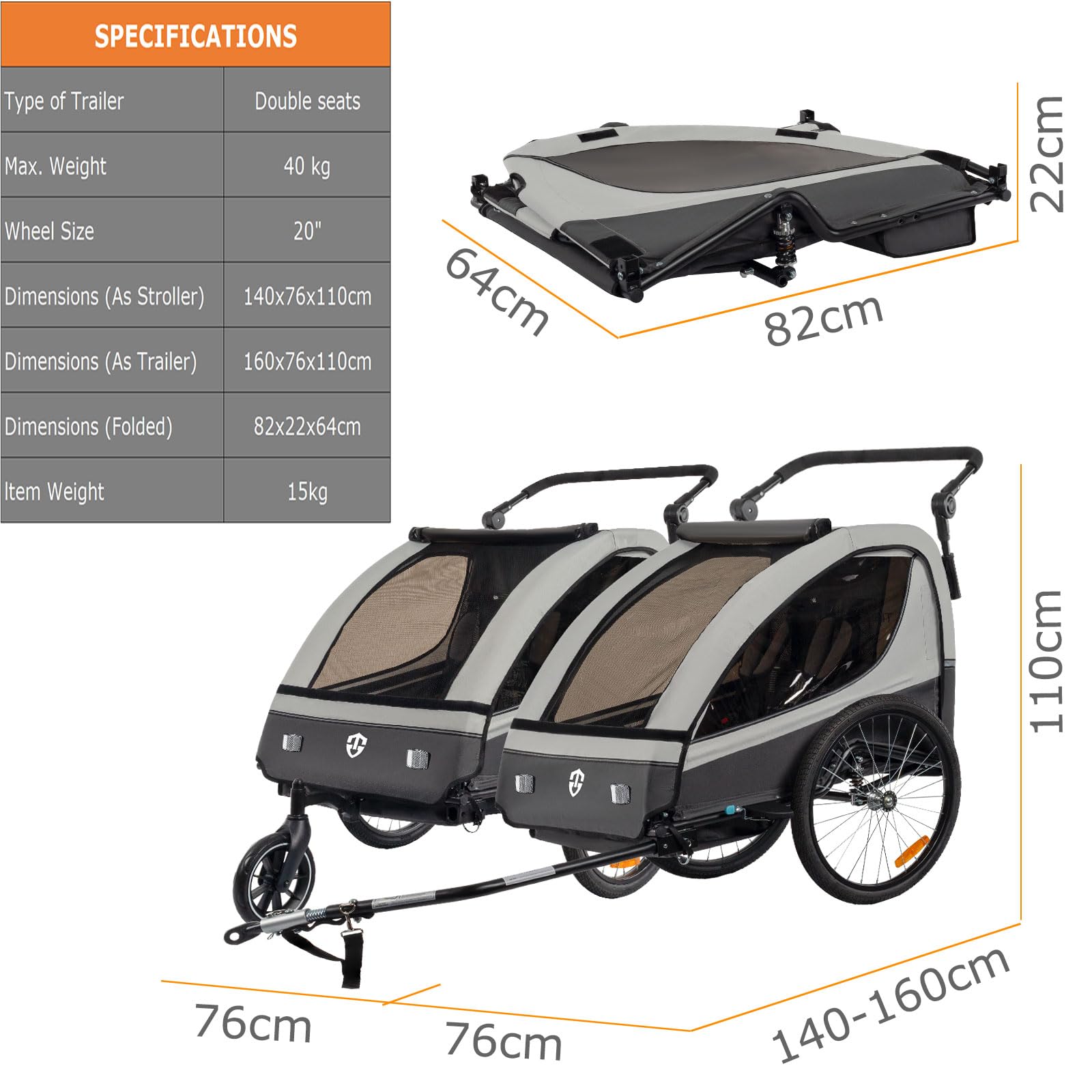 Tiggo VS Kinderanhänger 360° Drehbar mit Federung 2in1 Fahrradanhänger mit Buggy Set Jogger 5-Punkt Gurt Fahrrad Anhänger für 1 bis 2 Kinder max. 40kg (Grau)