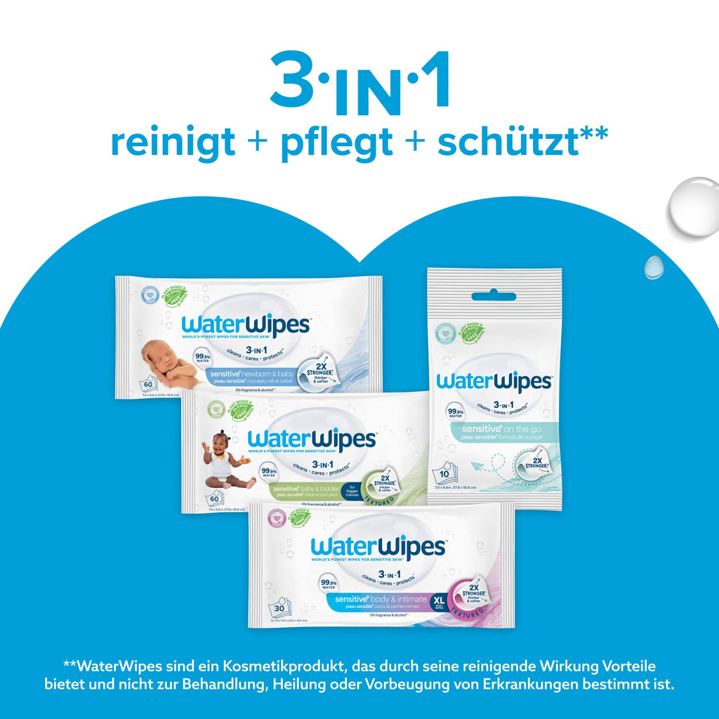 WaterWipes Sensitive+ Newborn & Baby Wipes, Feuchttücher für Neugeborene und Babys, 1080 Stück (18 Packungen), 3-in-1-Reinigung, Pflege, Schutz, 99,9% Wasser, parfümfrei