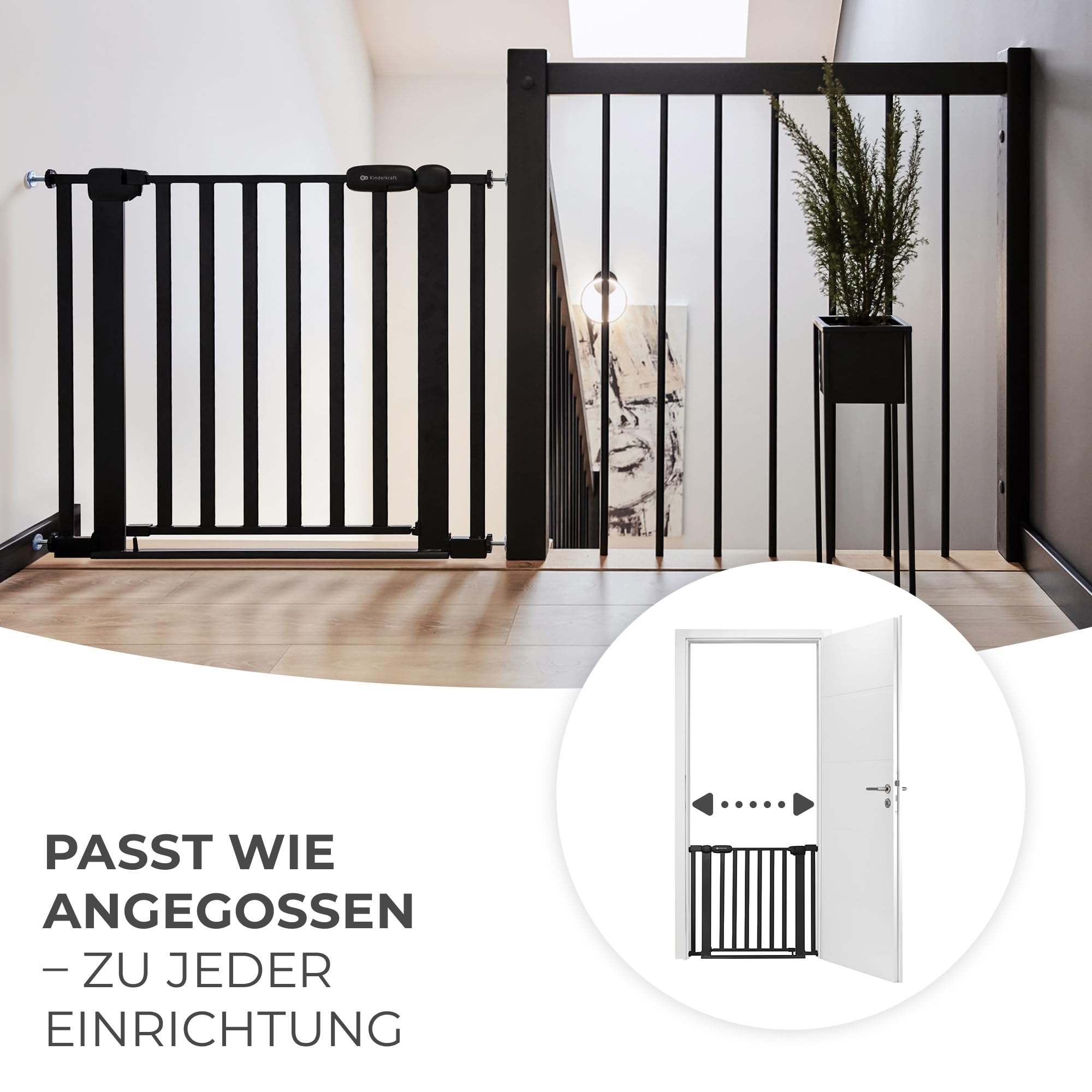 Kinderkraft Lock&GO Treppenschutzgitter Ohne Bohren, Türschutzgitter, Kinderschutzgitter, von 75 bis 103 cm, 90 Grad öffnen, doppelte Verriegelung, Schwarz