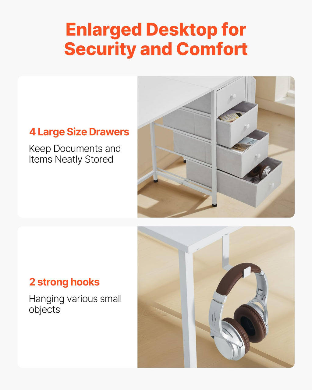 VEVOR Computertisch Bürotisch Schreibtisch (120 x 50 cm Tischplatte), moderner Arbeitstisch mit Stoffschubladen & 99 kg Tragkraft & Aufbewahrungshaken für Homeoffice Arbeitszimmer Wohnzimmer, Weiß