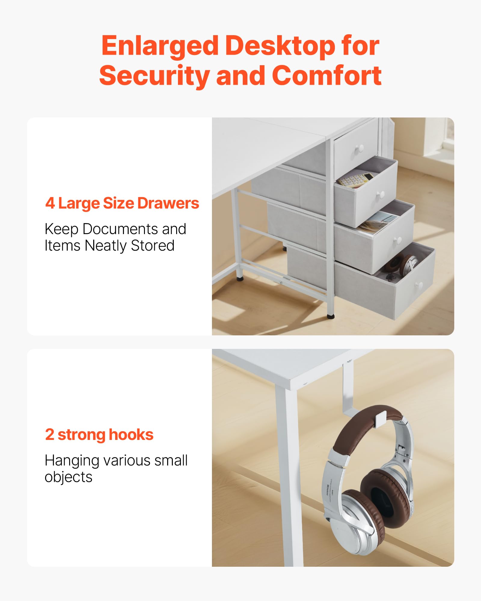 VEVOR Computertisch Bürotisch Schreibtisch (120 x 50 cm Tischplatte), moderner Arbeitstisch mit Stoffschubladen & 99 kg Tragkraft & Aufbewahrungshaken für Homeoffice Arbeitszimmer Wohnzimmer, Weiß
