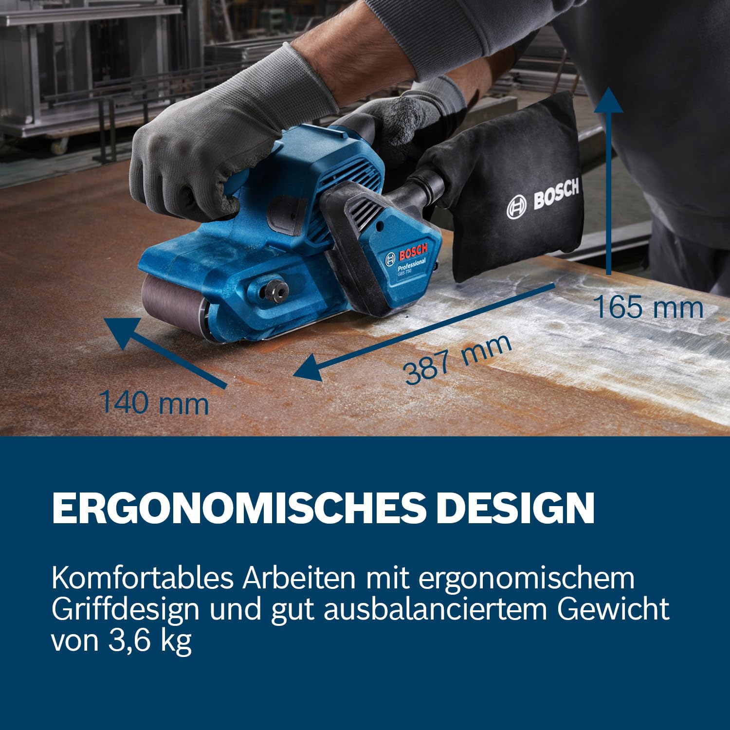 Bosch Professional Bandschleifer GBS 750 (850-W-Motor, inkl. Textilschleifband, Staubbeutel)