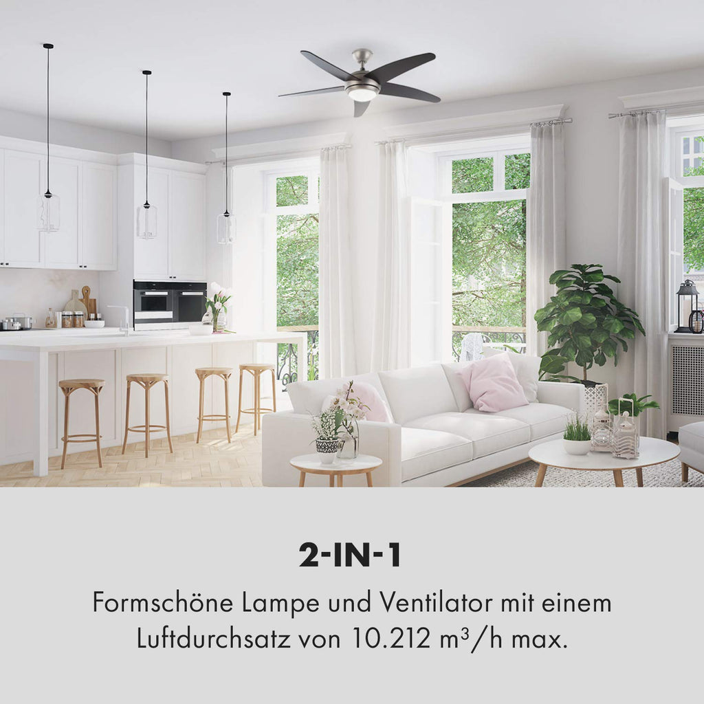 Klarstein Bolero - 2-in-1-Deckenventilator 134cm durchmessender Ventilator, Leuchte 55W Leistung, Holzflügel, Fernbedienung, 50 dB, 3 Drehgeschwindigkeiten: schnell, mittel, langsam, schwarz