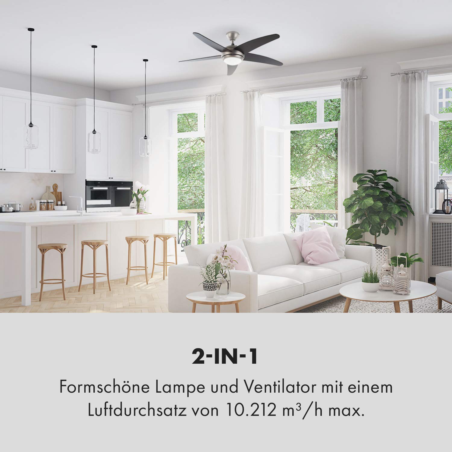 Klarstein Bolero - 2-in-1-Deckenventilator 134cm durchmessender Ventilator, Leuchte 55W Leistung, Holzflügel, Fernbedienung, 50 dB, 3 Drehgeschwindigkeiten: schnell, mittel, langsam, schwarz