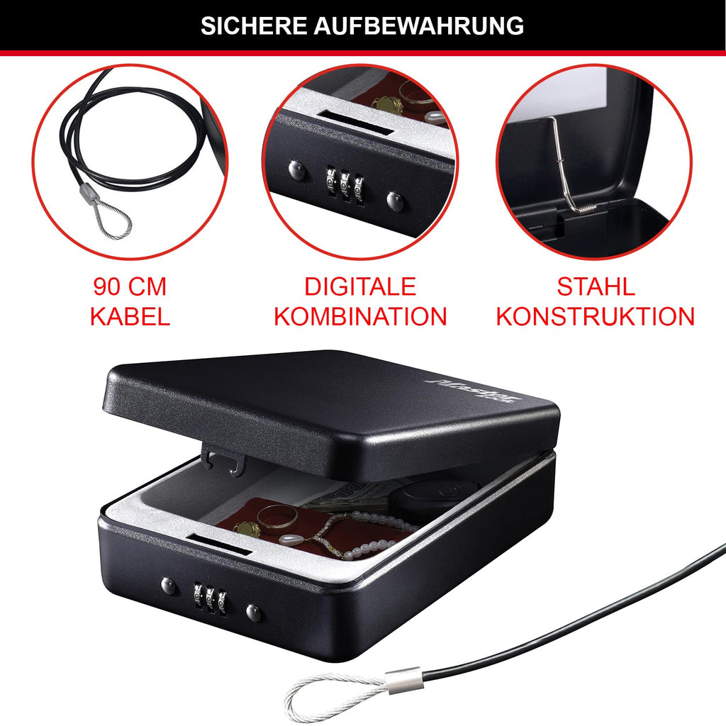 MASTER LOCK Kompakttresor [Kombination] [mit Kabel] P005CEURBLKHRO – Ideal für Scheckbücher, Schmuck, Ausweise, Smartphone und mehr