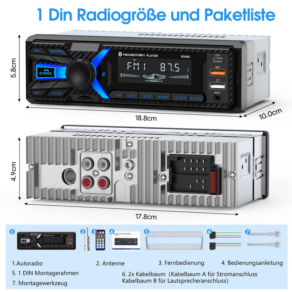 RDS Autoradio Bluetooth mit Typ-C-Ladeanschluss, CENXINY Autoradio 1DIN Bluetooth 5.0 Unterstützt 2USB/AUX/SD/TF/EQ/DSP/Android und iOS