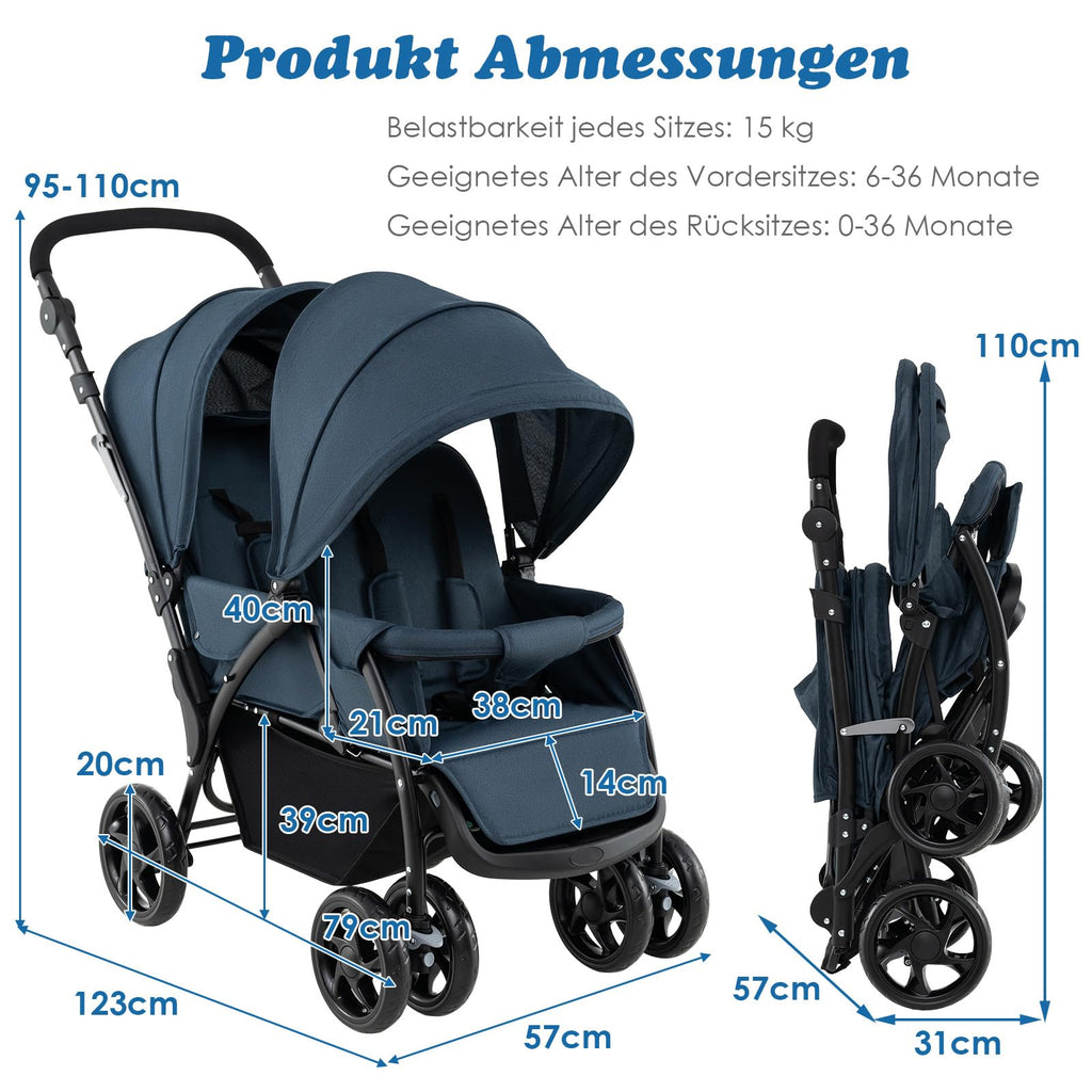COSTWAY Geschwisterwagen klappbar, Zwillingswagen mit verstellbarer Rückenlehne & Verdeck, Reisebuggy mit Liegefunktion, Zwillingsbuggy Kinderwagen für Baby ab 6 Monate, 30 kg Belastbar (Blau)
