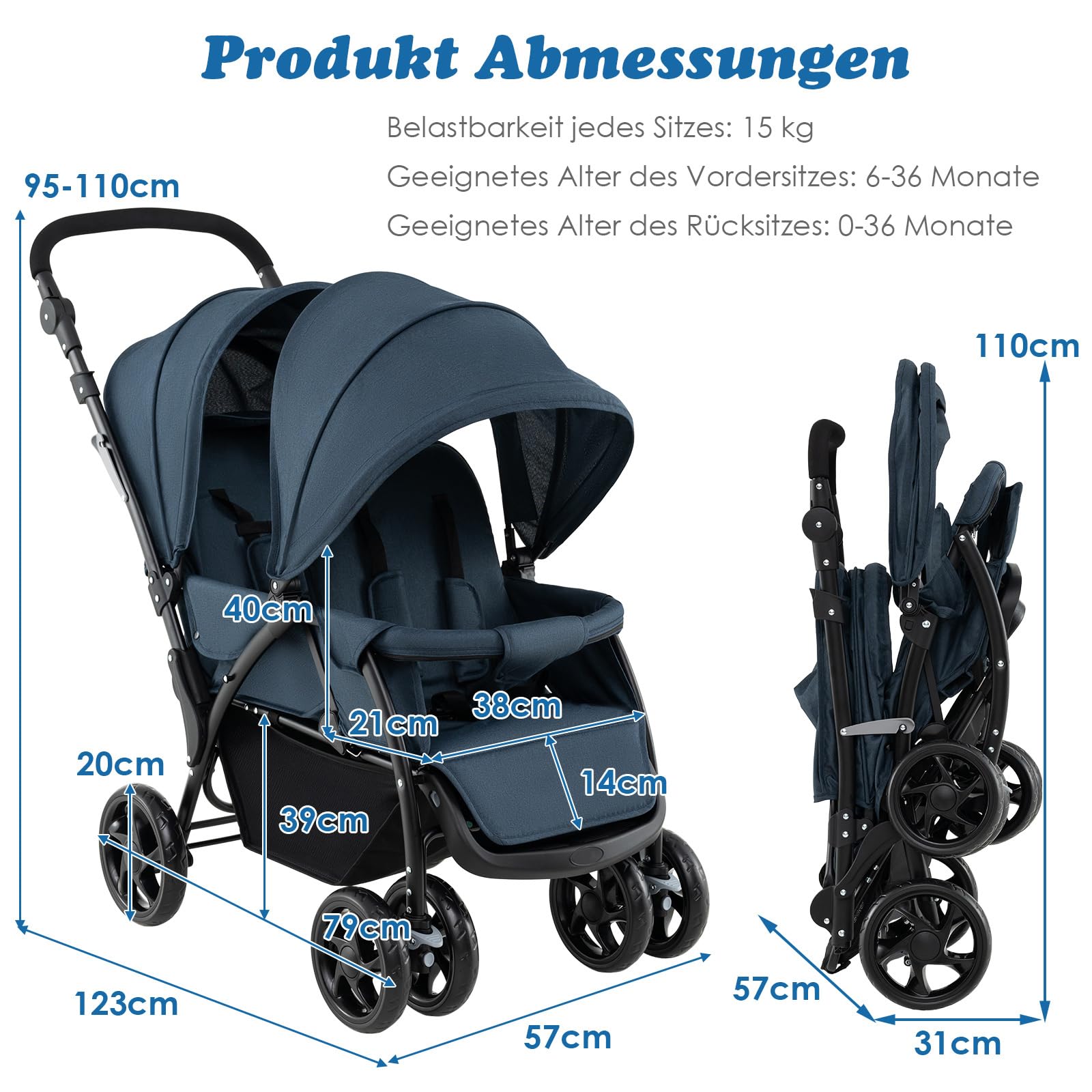 COSTWAY Geschwisterwagen klappbar, Zwillingswagen mit verstellbarer Rückenlehne & Verdeck, Reisebuggy mit Liegefunktion, Zwillingsbuggy Kinderwagen für Baby ab 6 Monate, 30 kg Belastbar (Blau)