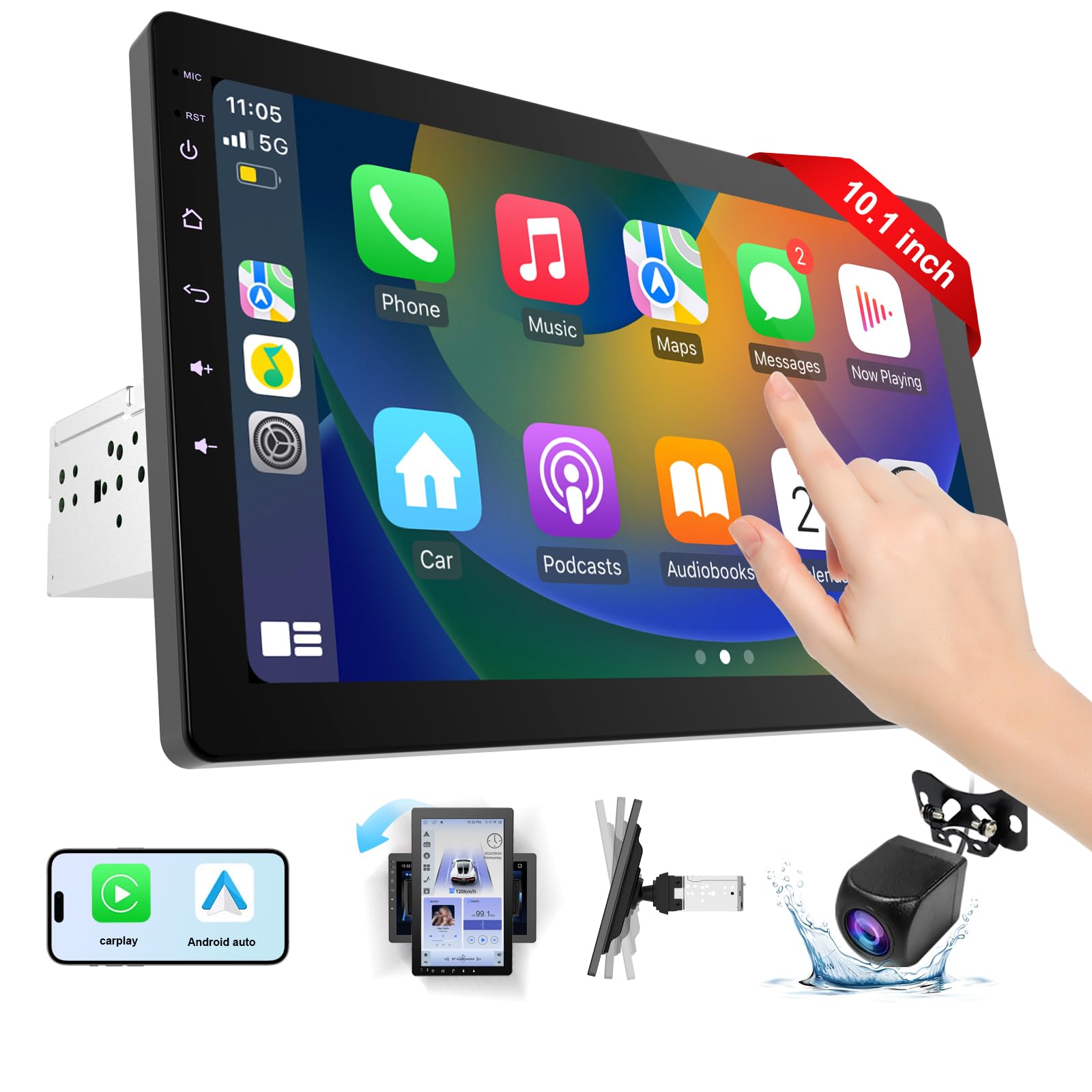 Haudio 1Din Autoradio, mit 10.1 Zoll drehbar Bildschirm,Kompatibel mit Wireless Apple CarPlay und Android Auto,Car Play IPS Touch Screen,1080P-Rückfahrkamera,Bluetooth 5.0,GPS-Navigation,FM