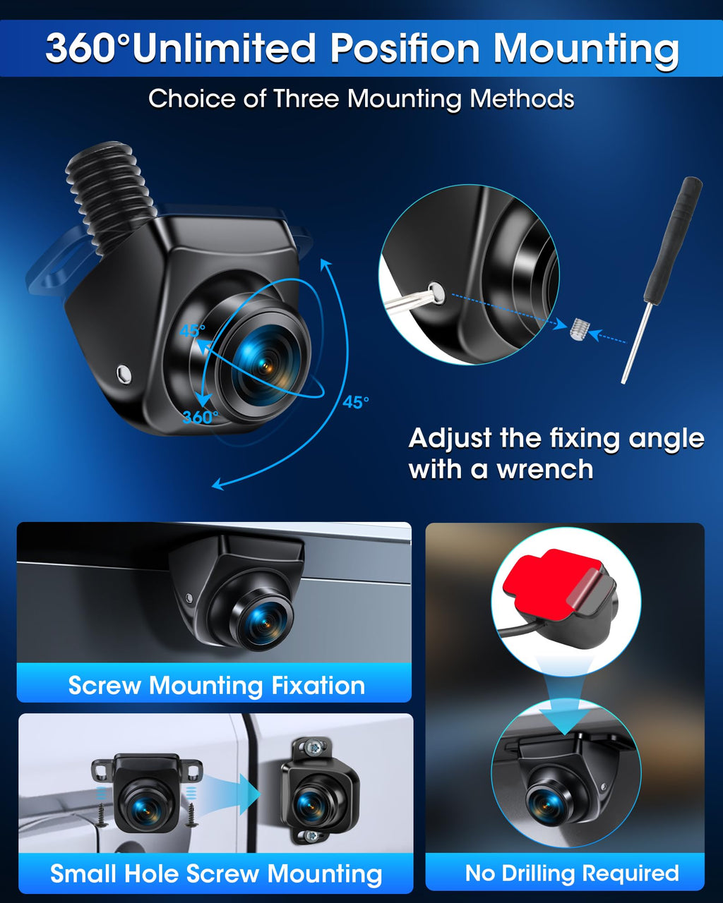 Rückfahrkamera【3 Montagemethoden】 360° Drehbar Rückfahrkamera Auto Unterstützt AHD 1080P/720P/NTSC/PAL Modi Frontkamera/Rückfahrkameras mit Nachtsicht Universal DC 12V-24V für Wohnwagen SUV Wohnmobil
