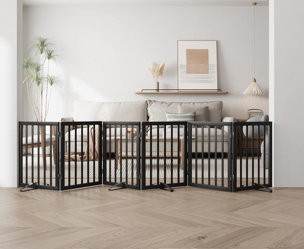 Semiocthome Freistehende Baby- & Haustiergitter aus Bambus, Hunde- und Katzengitter für Türen, Treppenschutzgitter für Welpen, Faltbare Sicherheitsgitter (Schwarz, 3 Panels -60cm Height)