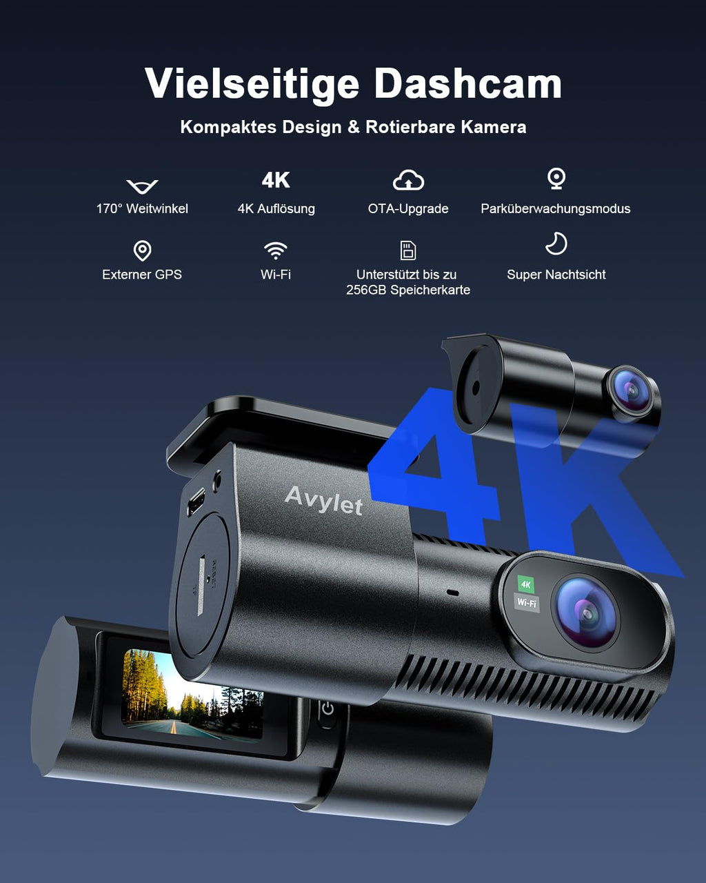 Avylet 4K+1080P Dashcam Auto Vorne Hinten, 5GHz Wi-Fi/APP Mini Dual Auto Kamera,1,5″ IPS, Unterstützt Externes GPS-Modul, Parküberwachung, Super Nachtsicht, WDR, 170°Weitwinkel, G-Sensor, Max 256GB