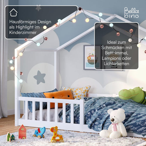 Bellabino Bia Kinderbett 90x200 cm – Bodenbett mit Rausfallschutz & Lattenrost – Hausbett aus Massivholz Kiefer – Montessori Kinder Bett in Weiß für Jungen und Mädchen