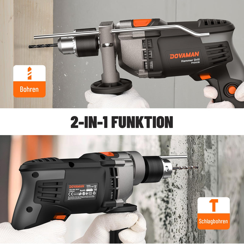 DOVAMAN PHD03B 850W Schlagbohrmaschine Mit 13mm Metallbohrfutter, Elektro-Bohrmaschine Mit Schlagfunktion & Variabler Drehzahl 0–3000 U/Min – Für Beton, Mauerwerk, Holz – Inkl. Bohrer & Koffer