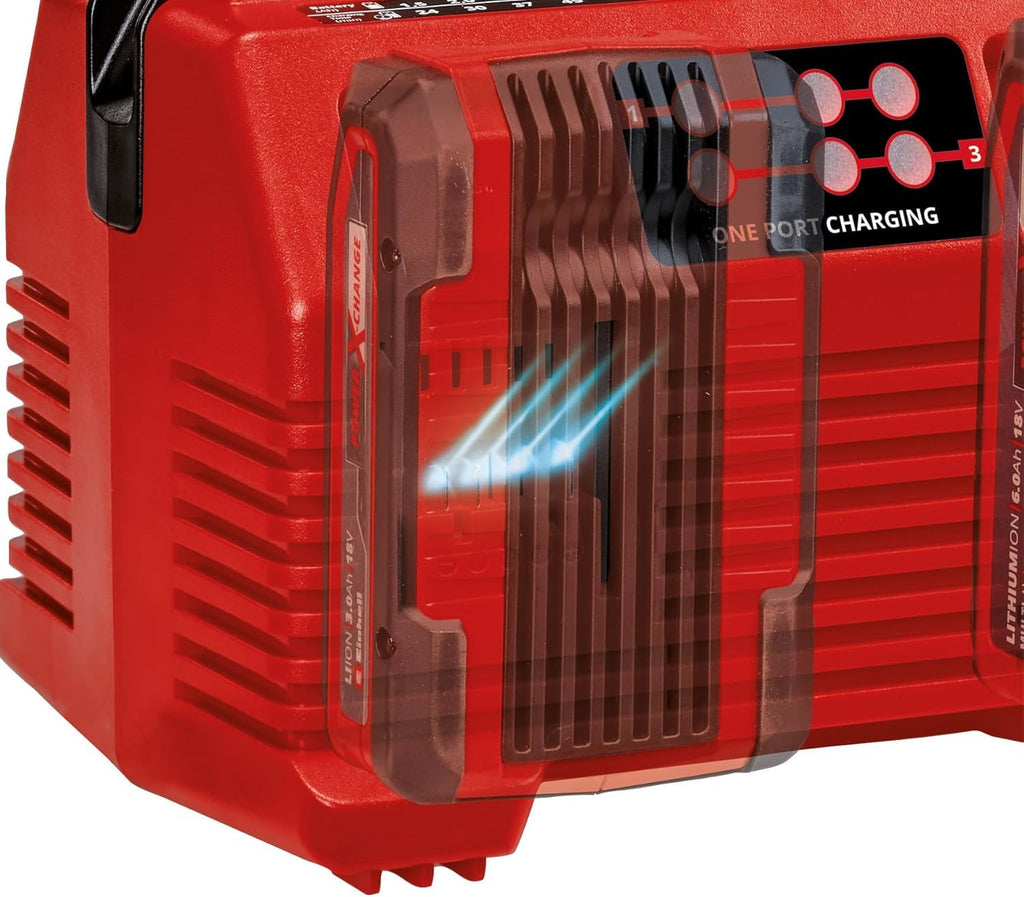 Einhell Original Ladegerät Power X-Quattrocharger 4A Power X-Change (Li-Ion, 18V, gleichzeitiges Laden von 2x2 Akkus, Akkuüberwachung, intelligentes Lademanagement, 6-fache LED-Zustandsanzeige)