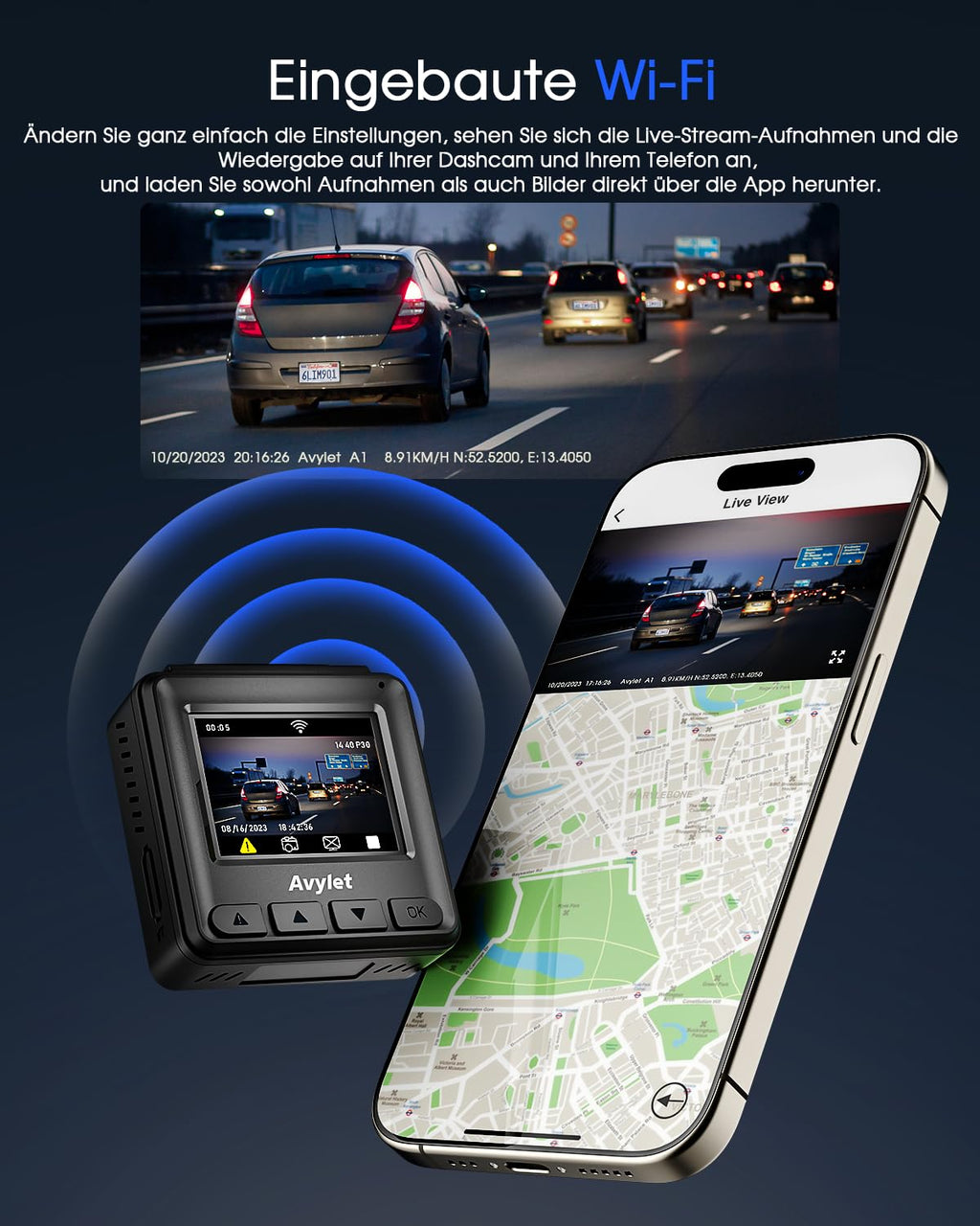 Avylet Dashcam Auto WiFi 2K, Mini Vorne Autokamera Unterstützt externes GPS-Modul, 1.5" IPS-Bildschirm, APP, Ultra Nachtsicht & 150° Weitwinkel, WDR, 24/7 Parkmodus mit Bewegungserkennung, G-Sensor