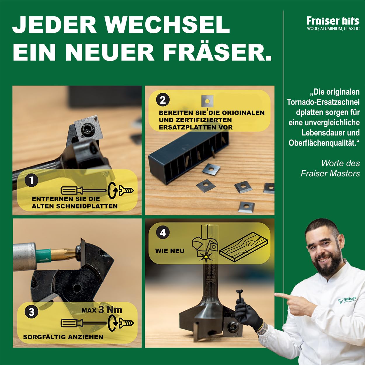 Fraiser Hartmetall-Wendeplatten (HM/Widia) für Planfräser Tornado – 10 Stück (10,5x10,5 mm)