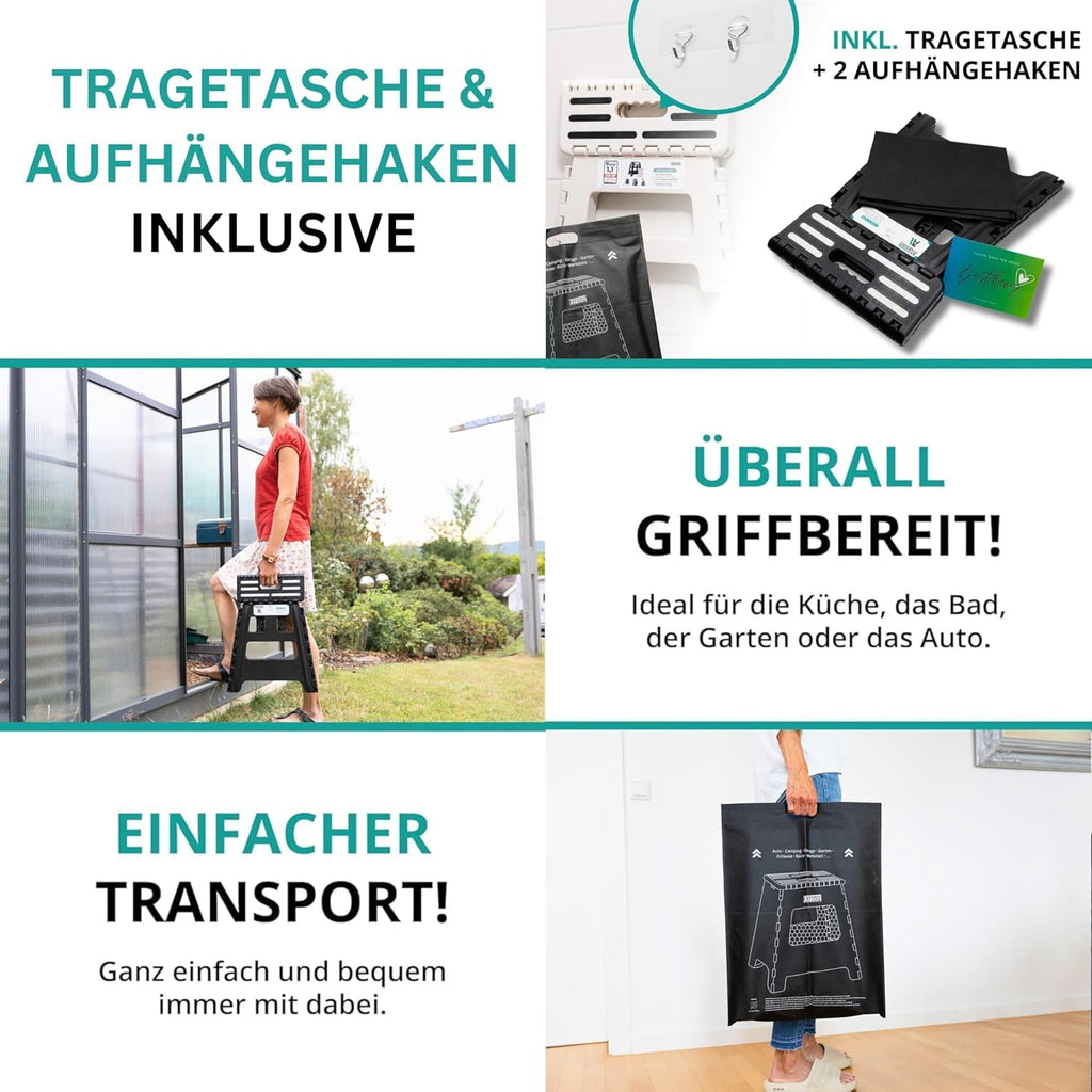 VERGLEICHSSIEGER - Alason® Tritthocker Klappbar 39cm, Belastbar bis 200kg – Mit Aufhängehaken & Aufbewahrungstasche – Platzsparender, Faltbarer Hocker in Anthrazit/Schwarz für Zuhause, Küche & Bad