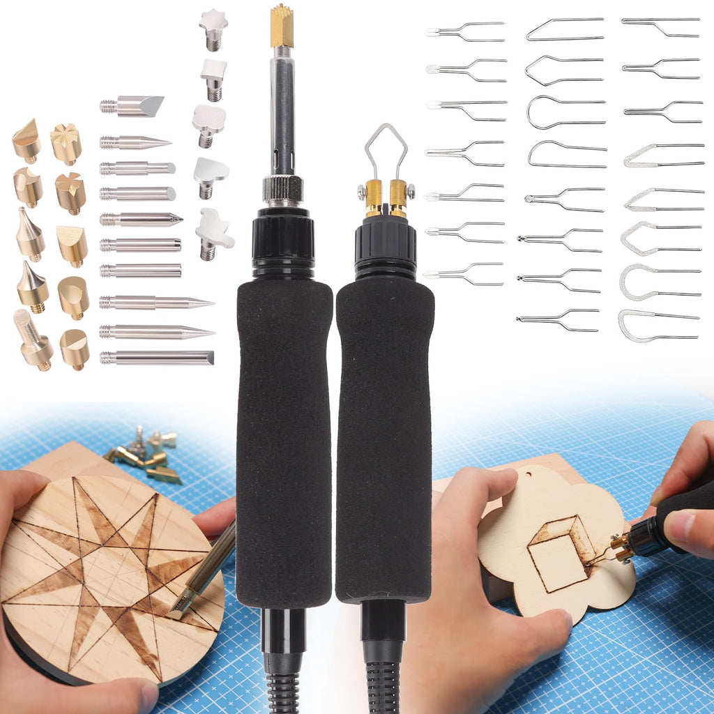 YIHUA 939D-VII brandmalerei-Werkzeug Holzbrennstift-Set Station 2-in-1 Solid-Point 200-480°C (mit Temperaturanzeige)/Drahtspitze 250-750°C mit 23 Spitzen, 25 Solid Points, 4 Holzstücken