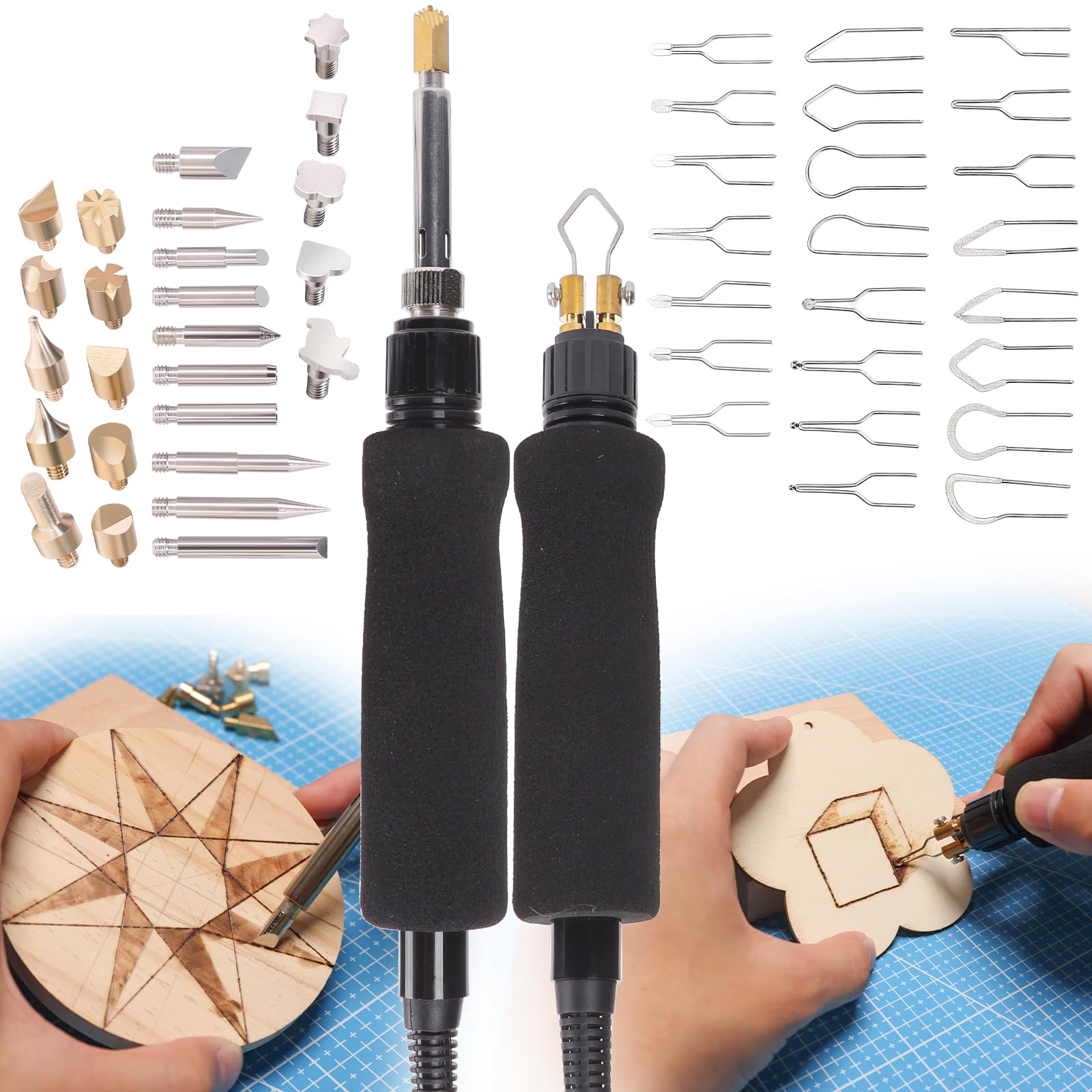 YIHUA 939D-VII brandmalerei-Werkzeug Holzbrennstift-Set Station 2-in-1 Solid-Point 200-480°C (mit Temperaturanzeige)/Drahtspitze 250-750°C mit 23 Spitzen, 25 Solid Points, 4 Holzstücken