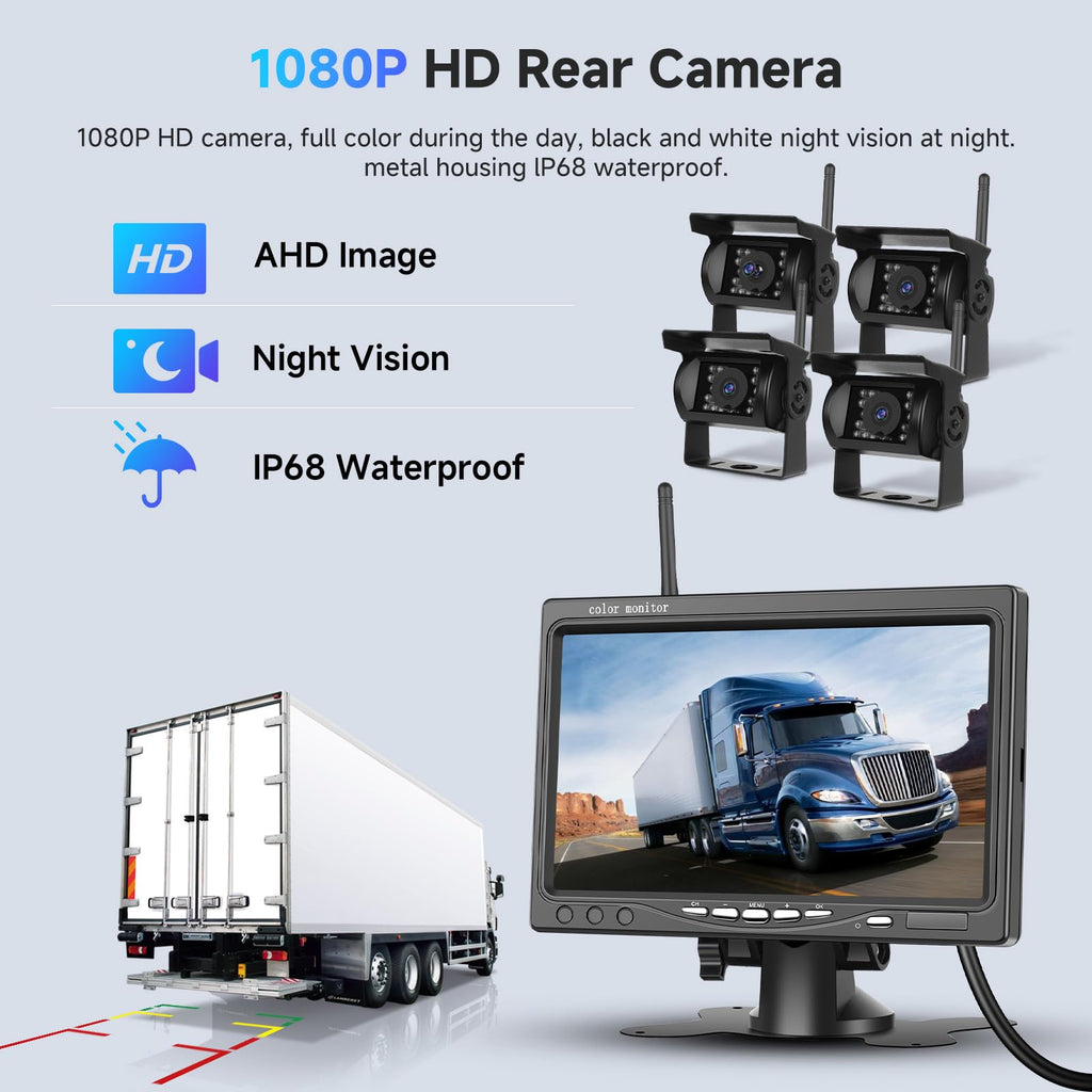 1080P HD Kabelloses Vier-Rückfahrkamera-Kit, 7-Zoll-LCD-Monitor mit 4 Rückfahrkameras für Anhänger, Wohnmobil, Camper, LKW, Auto, Bus, DIY-Führungslinien, IP68 wasserdicht, Nachtsicht, BSD, 12 V-36 V