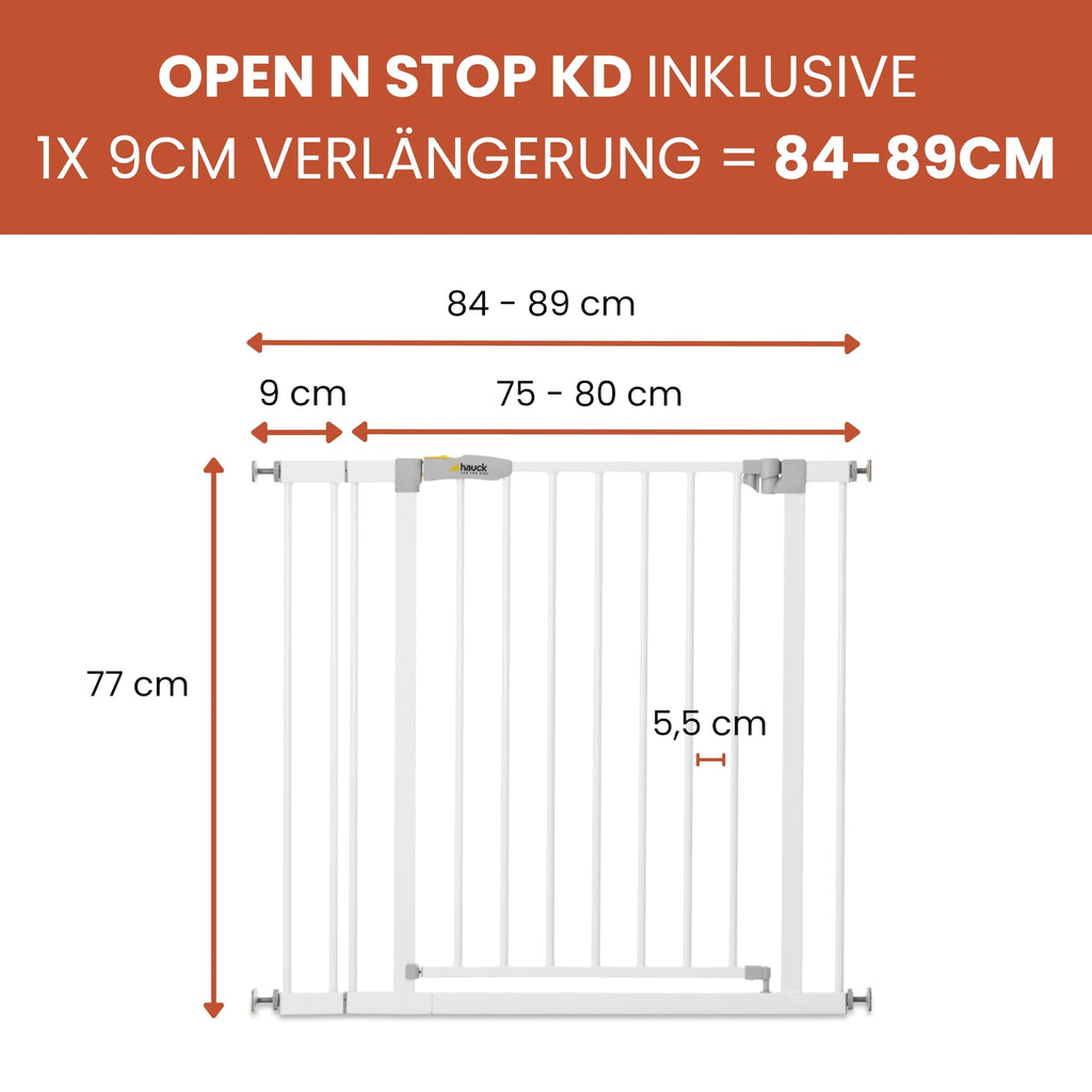 hauck Open N Stop KD + 9 cm Verlängerung, Weiß - Schutzgitter für Türen & Treppen, Breite Verstellbar 84-89 cm, 77 cm Hoch, ohne Bohren, für Kinder & Hunde, Einhändiges Öffnen in beide Richtungen
