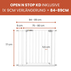 hauck Open N Stop KD + 9 cm Verlängerung, Weiß - Schutzgitter für Türen & Treppen, Breite Verstellbar 84-89 cm, 77 cm Hoch, ohne Bohren, für Kinder & Hunde, Einhändiges Öffnen in beide Richtungen