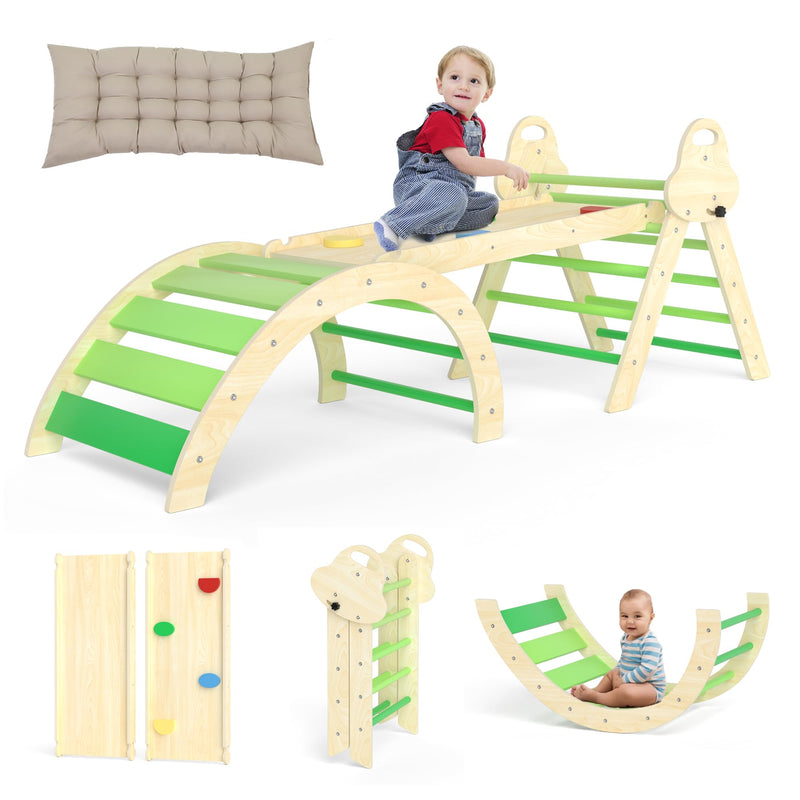 7-in-1 Montessori Kletterdreieck mit Kissen – Holz Kletterspielzeug für Kleinkinder 1-3 Jahre – Indoor Kletterbogen mit Rutsche, Leiter & Spielbogen (Green)