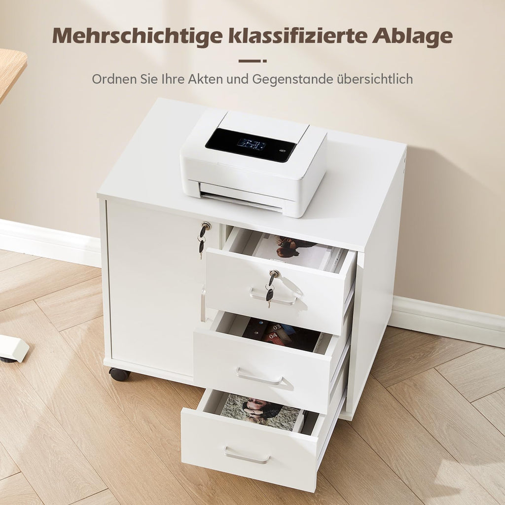 TUKAILAI Rollcontainer Abschließbar, Mobiler Aktenschrank mit 3 Schubladen und Schrankfach, 4 Rollen, Schubladenschrank für Büro und Home Office, Weiß